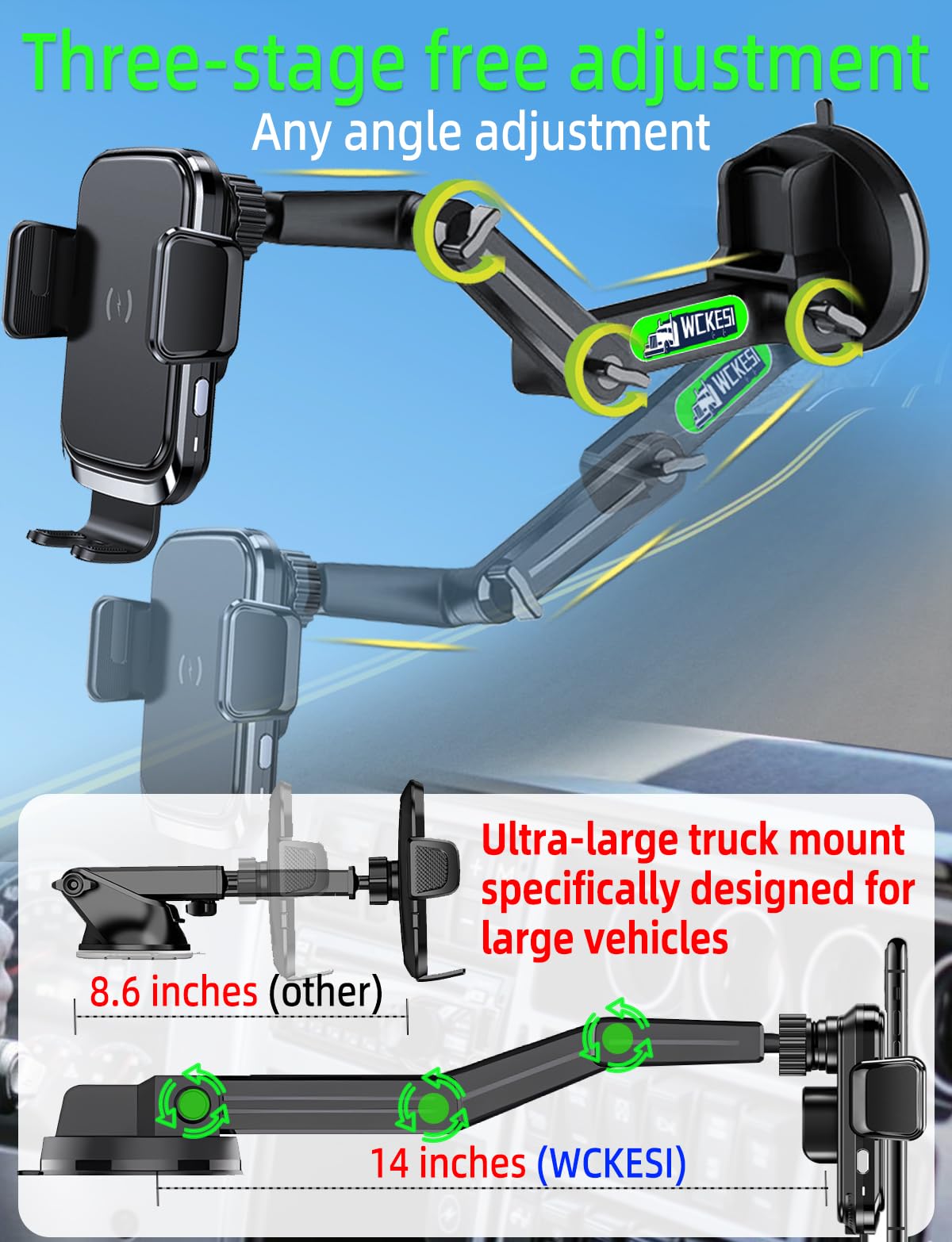 WCKESI Truck Phone Holder Wireless Car Charger Mount, 15W Fast Charging Vacuum Phone Holder 14 Inch Long Arm Heavy Duty Pickup Windshield