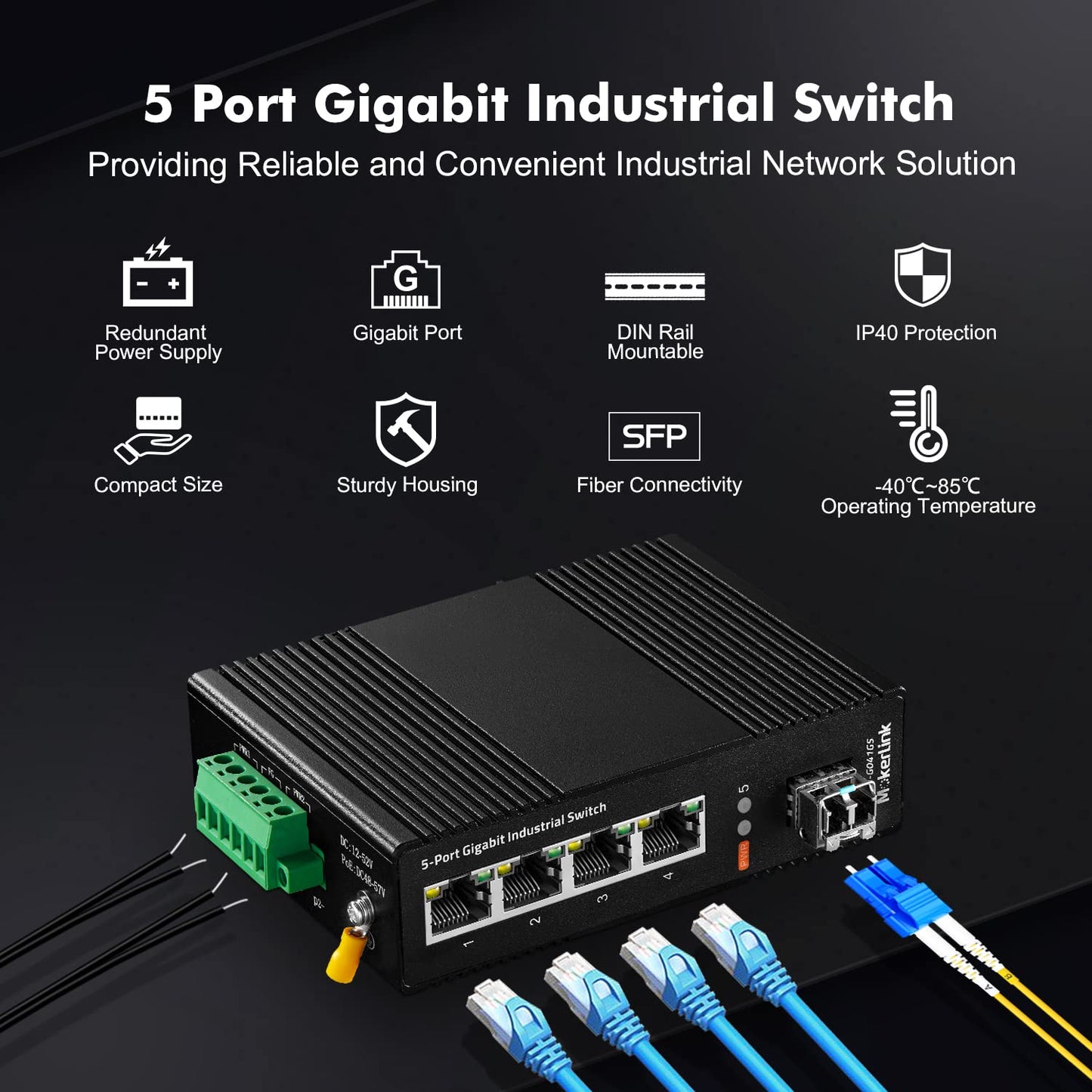 MokerLink 5 Port Industrial DIN-Rail Network Switch, 4 Gigabit Ethernet, 1 SFP, 14Gbps Switching Capacity, IP40 Rated (-40 to 185F), With UL Power