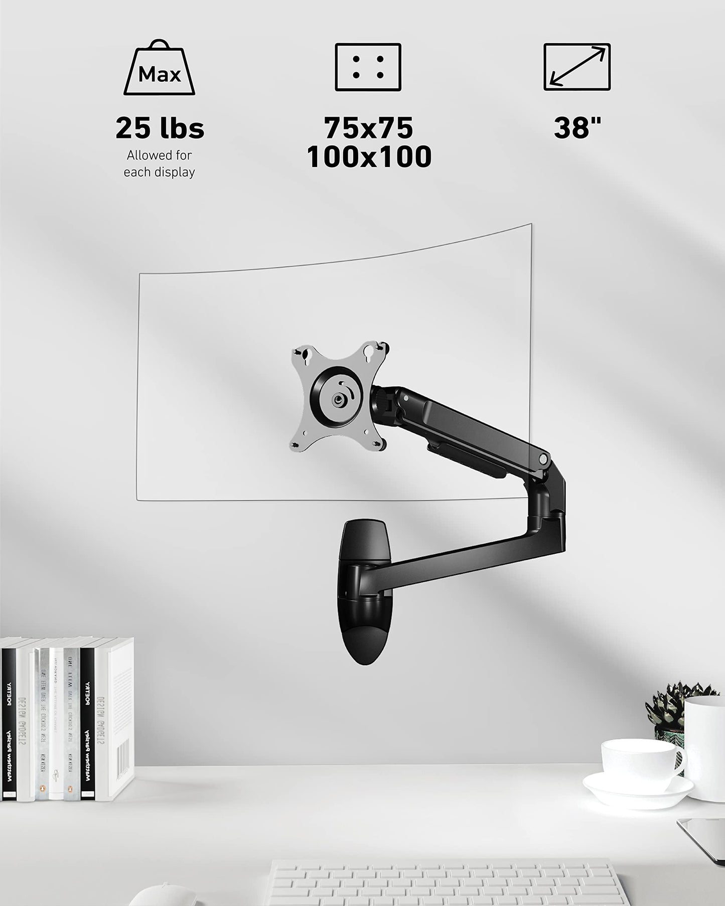 Ergounion Monitor Wall Mount for Flat or Curved Screens up to 38" Within 25 lbs, Full Motion Adjustable Monitor Arm Wall Mount with Cable Management