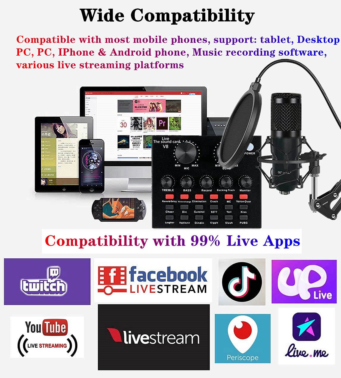 Podcast Equipment Bundle, BM-800 Mic Kit with Live Sound Card, Adjustable Mic Suspension Scissor Arm, Metal Shock Mount and Double-Layer Pop Filter