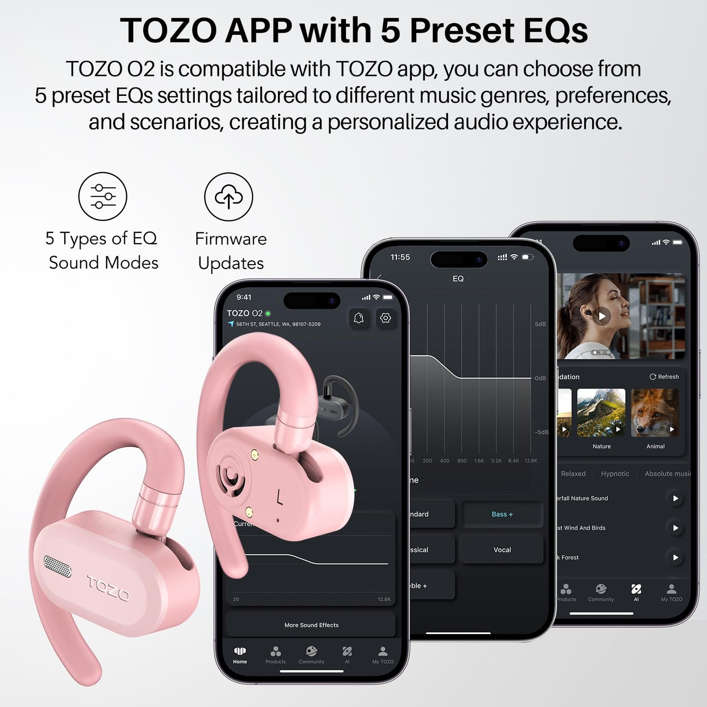 TOZO O2 Open Ear Wireless Earbuds,Multi-Angle Adjust 42H Bluetooth 5.3