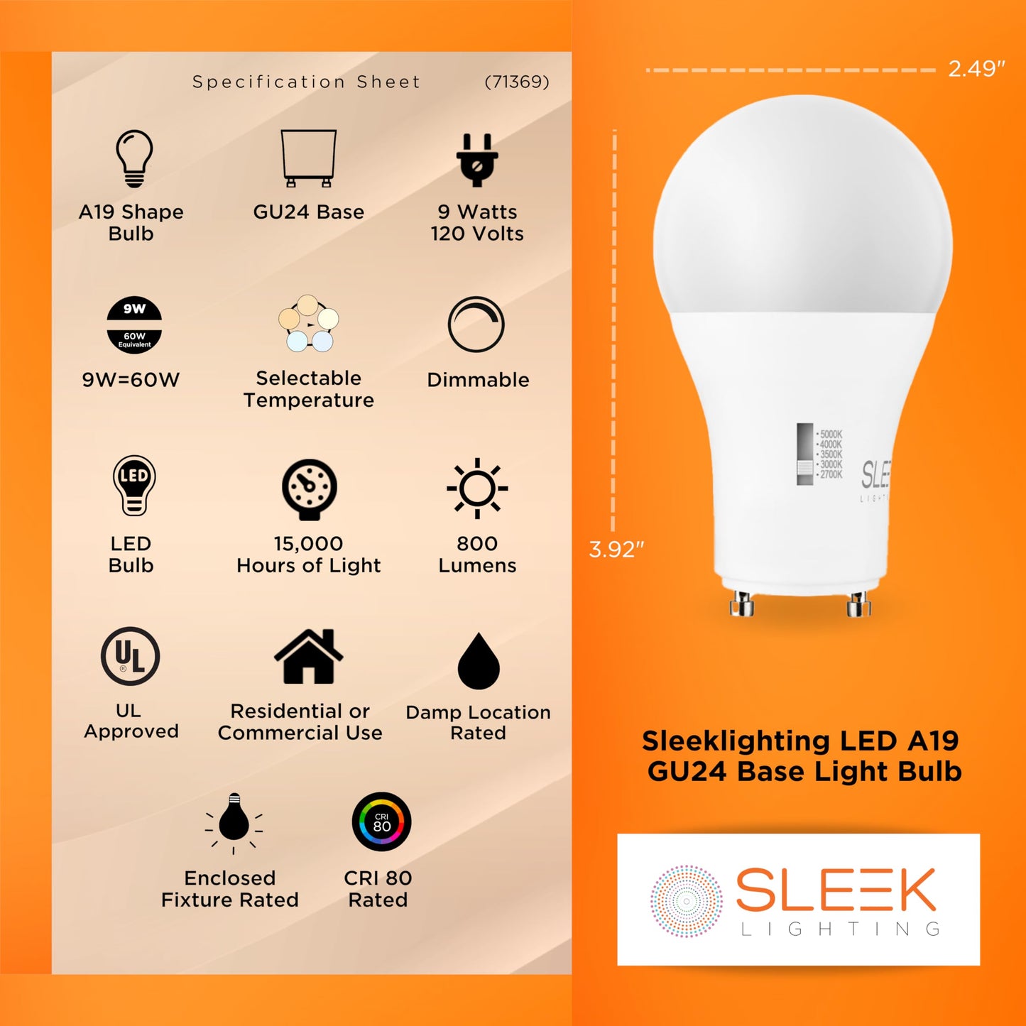 SLEEKLIGHTING | 9w, 60W Eq, GU24 Base LED 2 Prong Light Bulbs, UL Approved, 120v, Mini Twist Lock, 5CCT (2700K-5000K) Dimmable - Replaces Spiral Self