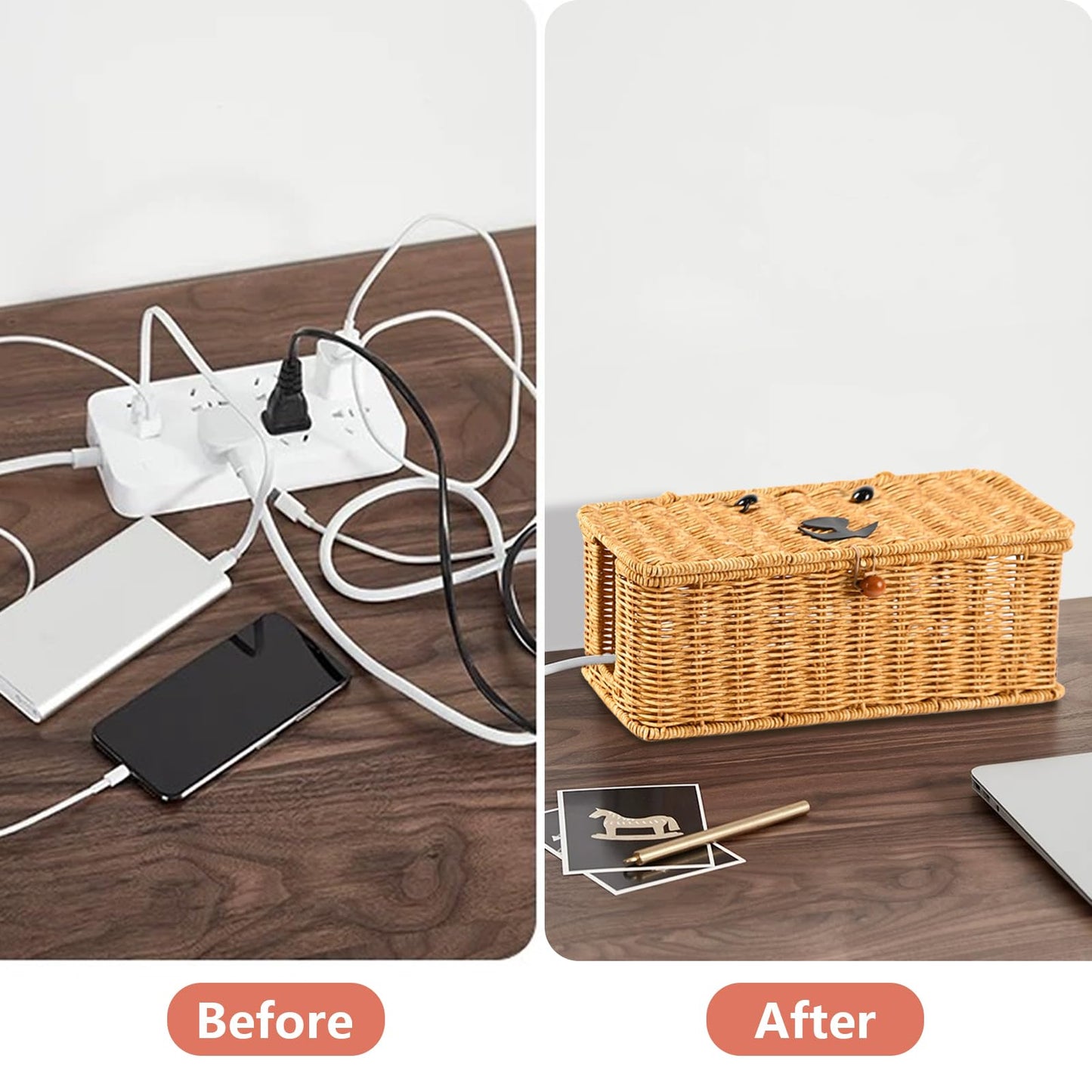 Cord hider box,Imitation rattan cable management organizer storage box with lid 2 open slots extension cord keeper charging basket cover under desk