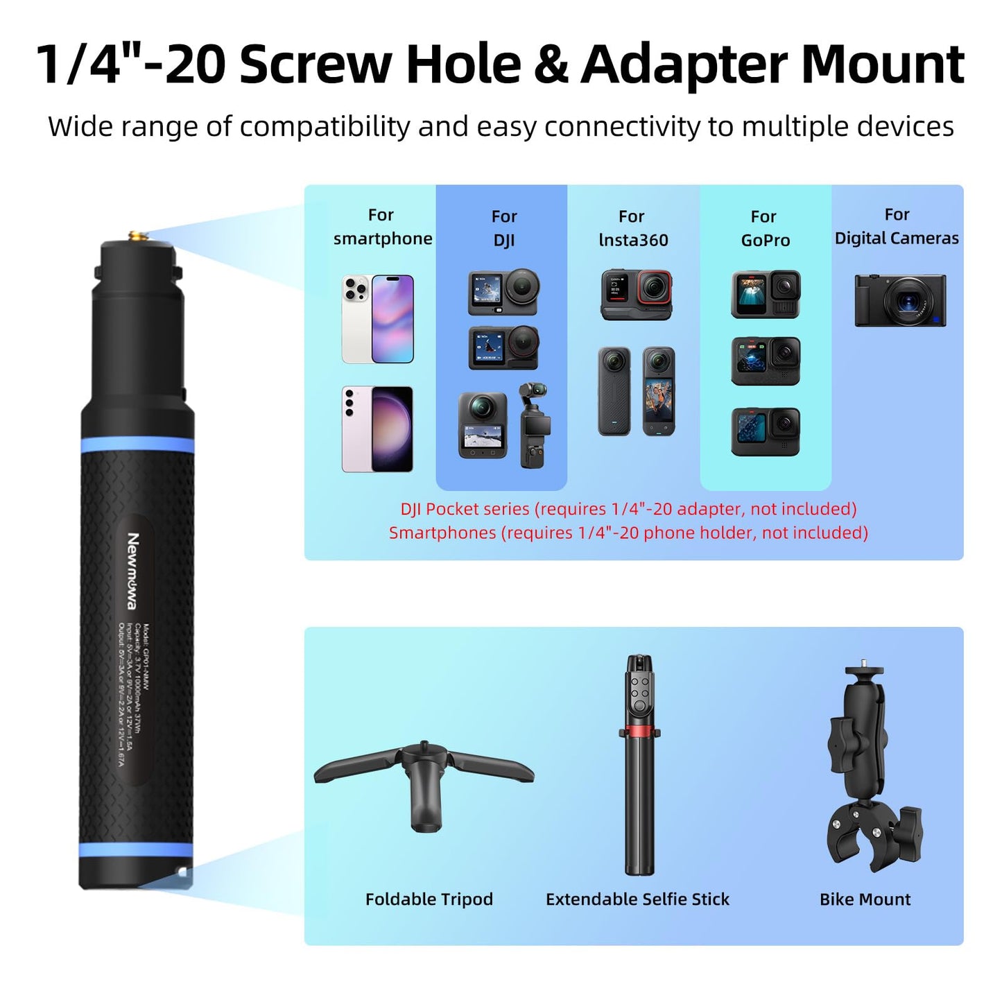 Newmowa 10000mAh Power Bank Handle Grip, PD/QC Fast Charging, Portable Tripod Compatible for Phone, GoPro Hero, DJI Action Camera, Insta 360, Digital