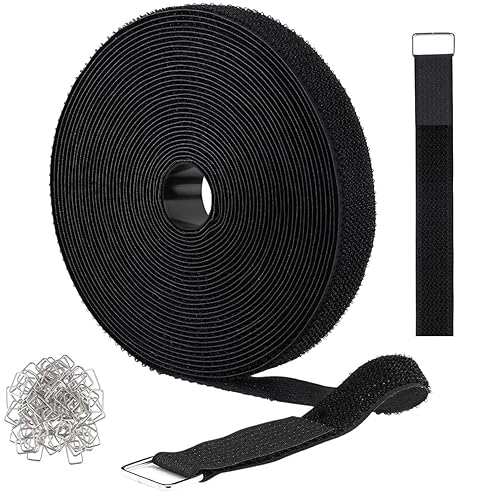 1 in x 32 ft Adjustable Fastening Cable Straps, Hook and Loop Straps with 50 Metal Buckles, Reusable Nylon Securing Cord Ties for Organizer or