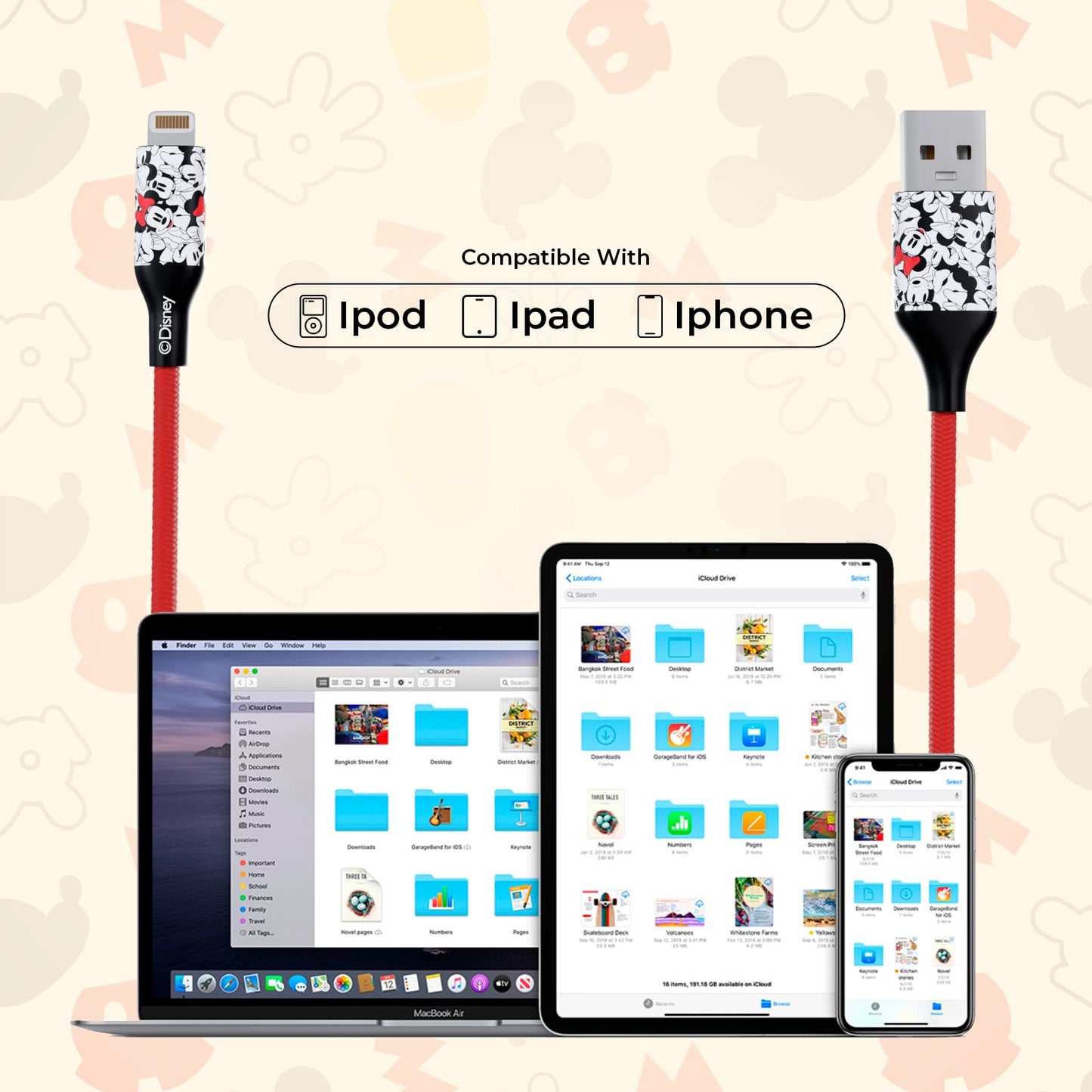 iJoy Disney Minnie Mouse 6FT Replacement iPhone Charger Fast Charging - MFI Certified Braided USB Charging Cable High Speed Data Sync Compatible