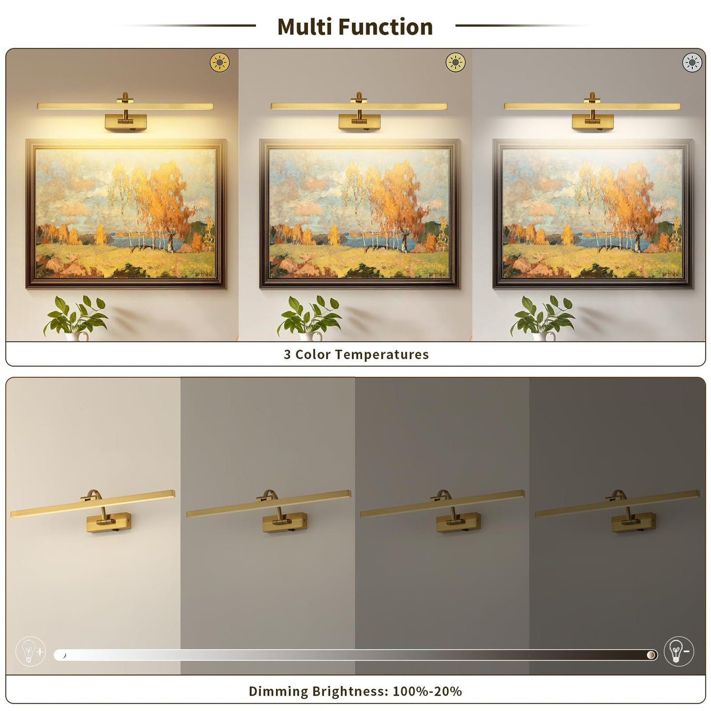 Wireless Picture Lights for Wall Battery Operated, Brass Art Lighting for Paintings Rechargeable Gallery lights with Remote and Timer 3CCT Dimmable
