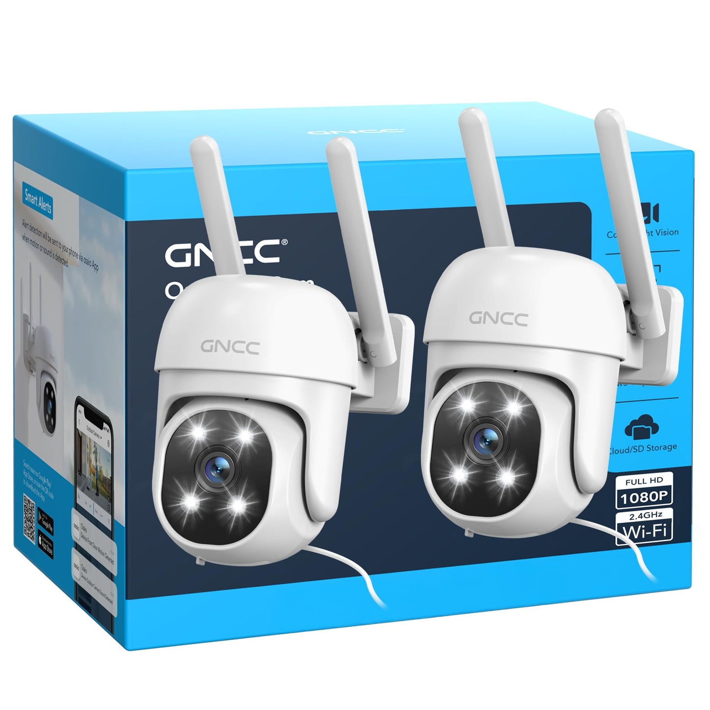 GNCC 2.4GHz Outdoor Security Camera, Plug-in Wired Cameras for Home Security, 355° PTZ Camera with 1080P Color Night Vision, Motion Detection, 2-Way