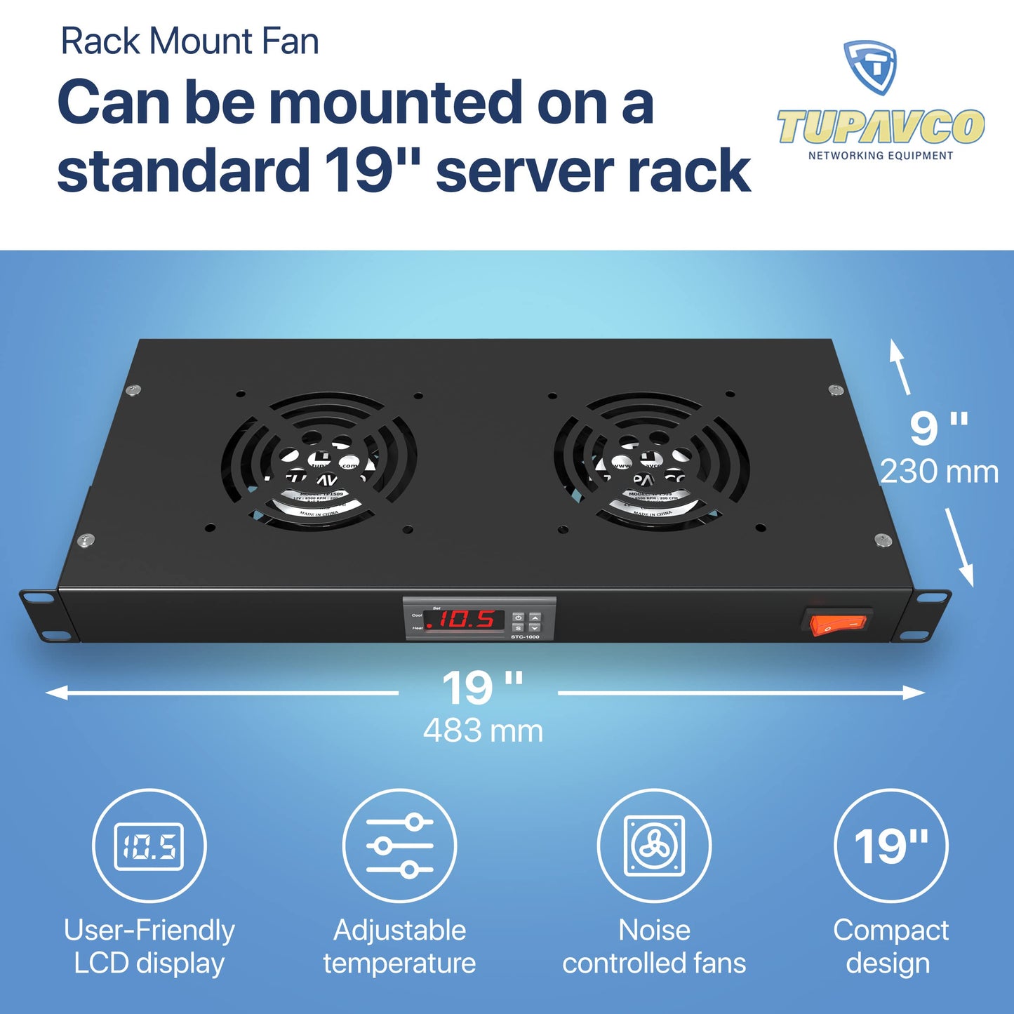 Rack Mount Fan - 2 Fan Server Cooling System - 1U 19" Rackmount Cabinet Panel Adjustable Temperature Control (Digital Heat Monitor Display) Sensor