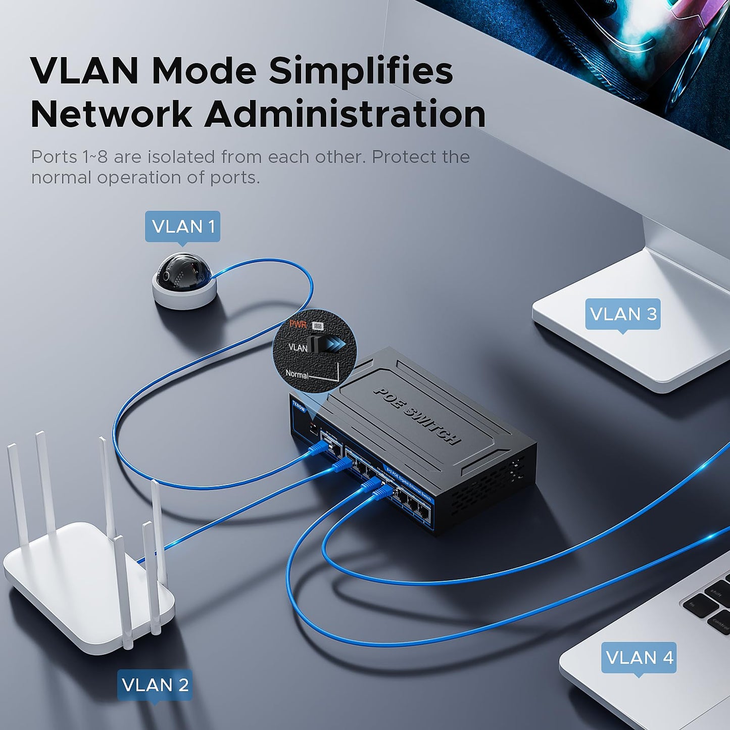8-Port PoE Gigabit Switch with 2 Gigabit Uplink, 8 PoE+Port 1000Mbps, 96W, 802.3af/at Vlan, Metal fanless Design, Plug-and-Play, Desktop