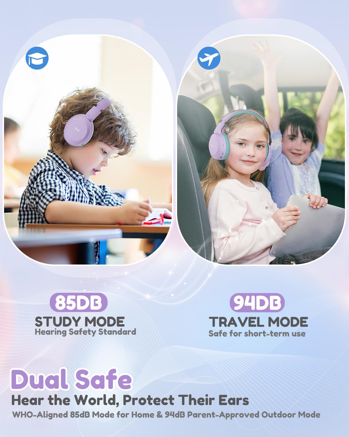 Acer Kids Bluetooth Headphones, 85/94dB Volume Limiter, Foldable Wireless Over-Ear Headphones for iPad, Travel, 60H Playtime, Bluetooth 6.0, Built-in