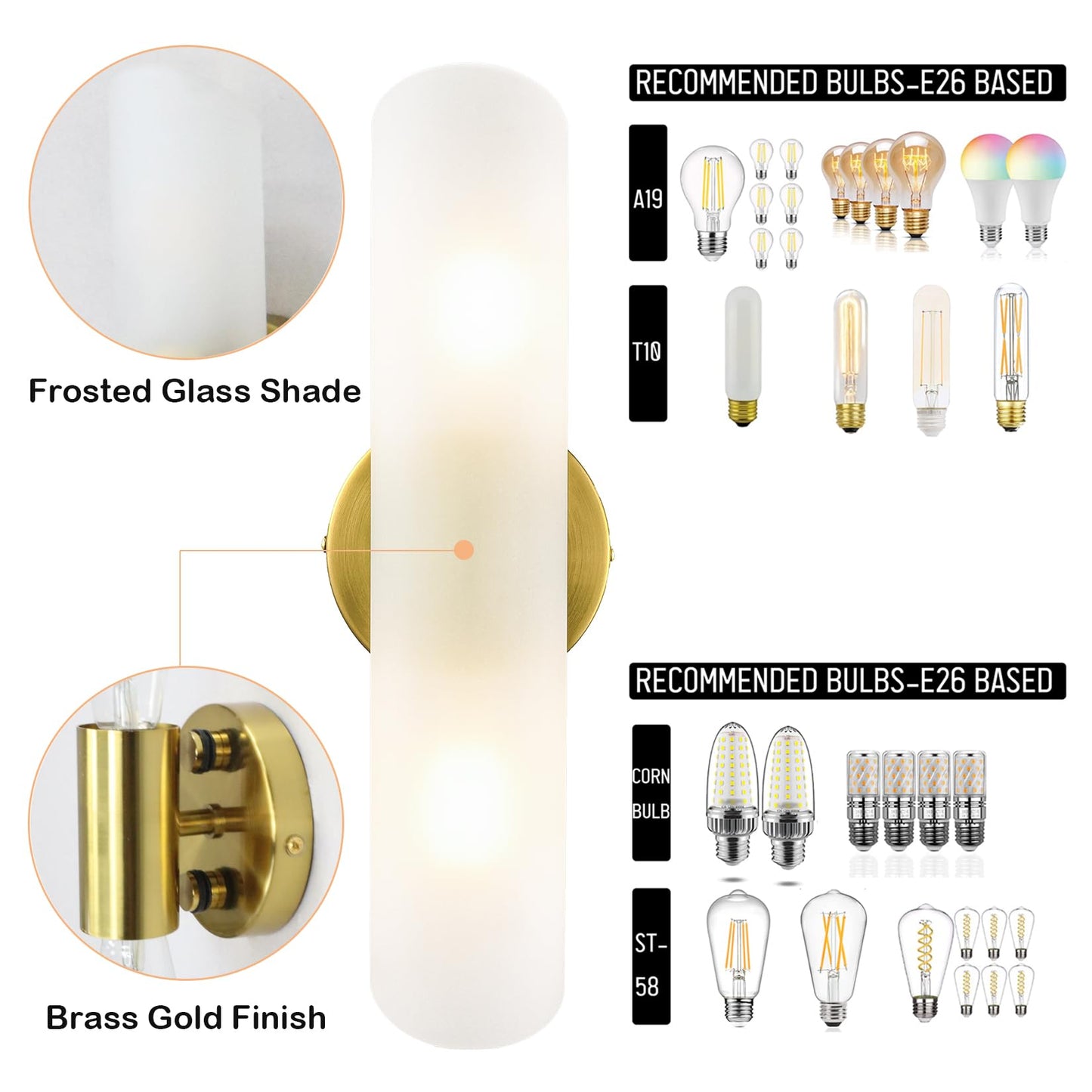 DAYCENT Modern Brass Wall Sconces Set of Two Frosted Glass Wall Light Fixture 2-Light Cylinder Bathroom Vanity Lights Gold Glass Sconces Wall Lighting