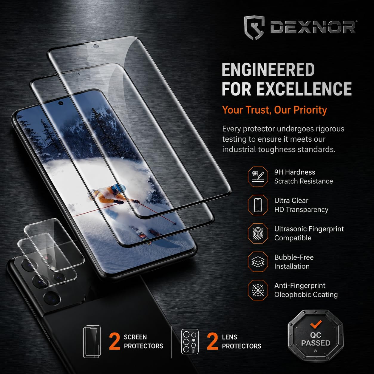 2 Pack Galaxy S21 Ultra Screen Protector, HD Clear Tempered Glass,2 Pack Camera Lens Protector, Fingerprint Unlock,3D Curved Full Coverage,Scratch