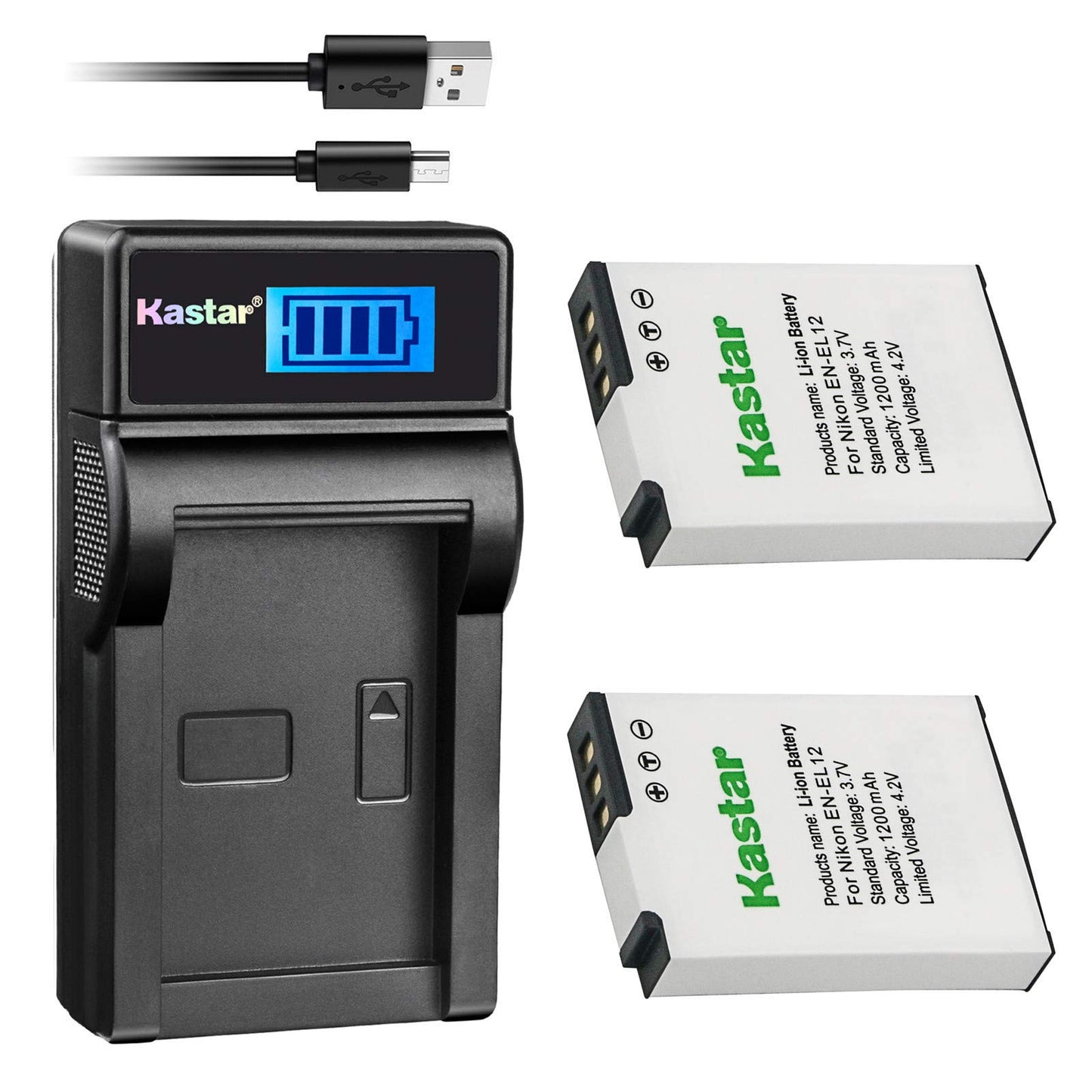 Kastar Battery (X2) & Slim LCD Charger for Nik EN-EL12, ENEL12, MH-65 Coolpix S9900, S9700, AW120, S9500, AW110, S70, S9600, S6300, S6200, S8100