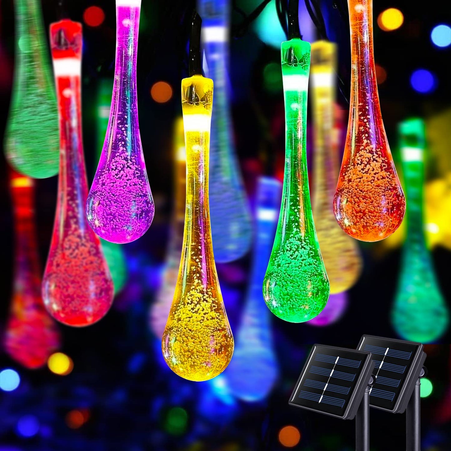 JMEXSUSS 2 Pack Solar String Lights Outdoor Waterproof, Total 41.6FT 60 LED Teardrop Water Drop Solar Lights, Multi Colored Christmas Lights