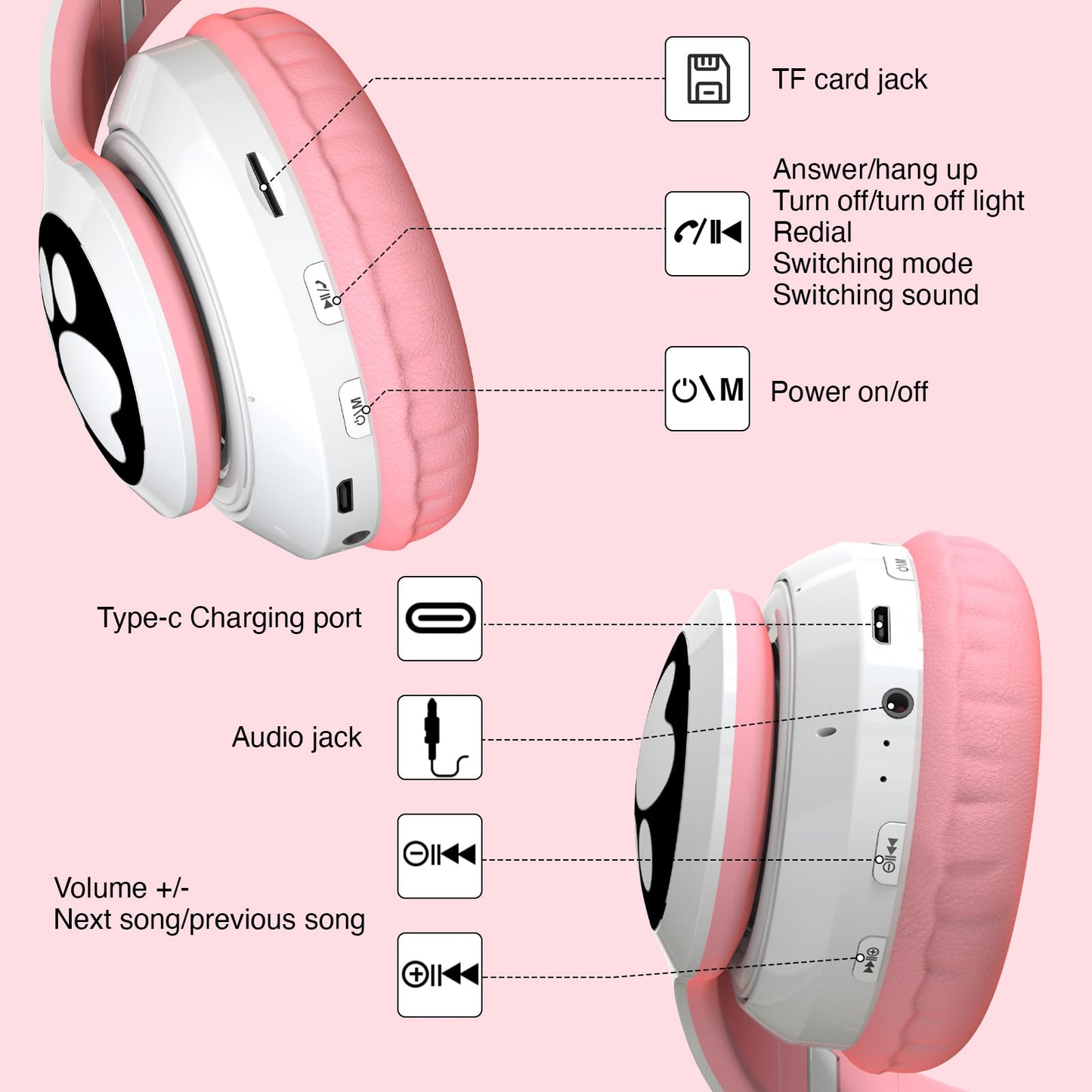 KERHAND Bluetooth Noise Cancelling Headphones for Kids,Foldable Cat Headphone with LED Light Up Ear,Cat Ear Headphones for Toddler with Microphone/TF