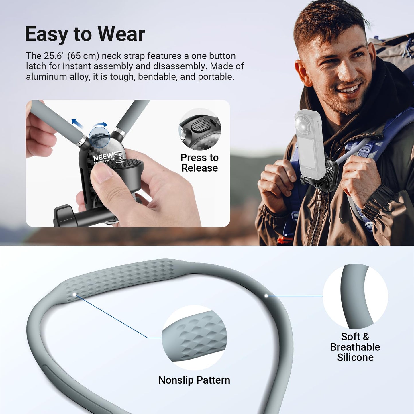 NEEWER Neck Mount Compatible with GoPro DJI Insta 360 Action Cameras, Quick Release Neck Holder with Air Cushion & Adjustable Chest Strap, Accessories