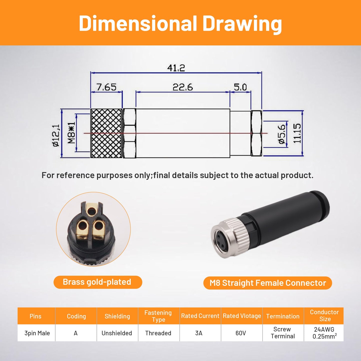 M8 3 Pin Connector Field Wireable Screw Termination A Code Female Plug Straight Non-Shield Connector, 8mm Industrial Circular Connector, Outdoor