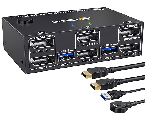 KCEVE KVM Switch 2 Monitors 2 Computers Displayport, USB 3.0 KVM Switch Dual Monitor for 2 Computer Share 4 USB 3.0 Devices, 4K@144Hz, Wired Remote(4K