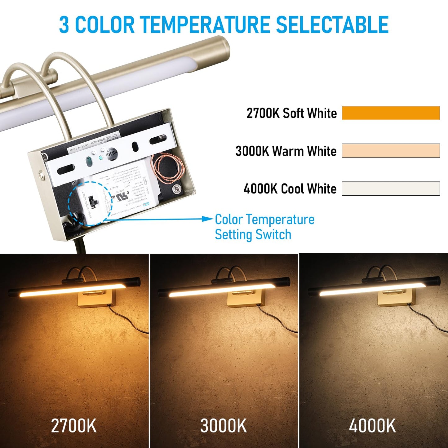 LEONLITE 3CCT Dimmable LED Picture Light, 2700K/3000K/4000K Selectable, CRI90 Swivel Full Metal Picture Frame Light for Wall Art, Painting, Artwork