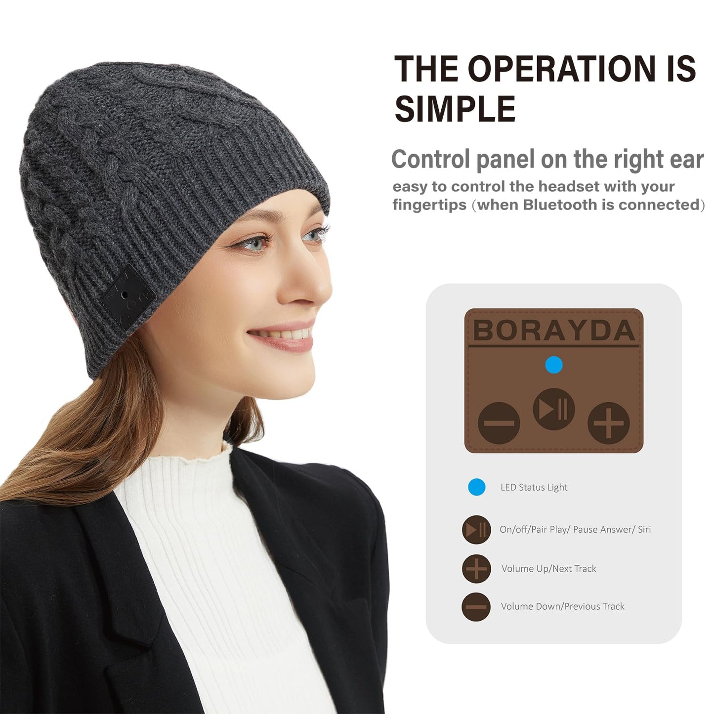 BORAYDA Bluetooth Beanie, Bluetooth 5.2 HD Stereo,30 Hours Play time,Built-in Microphone, Men's/Women's Christmas Electronic Gift (Charcoal)