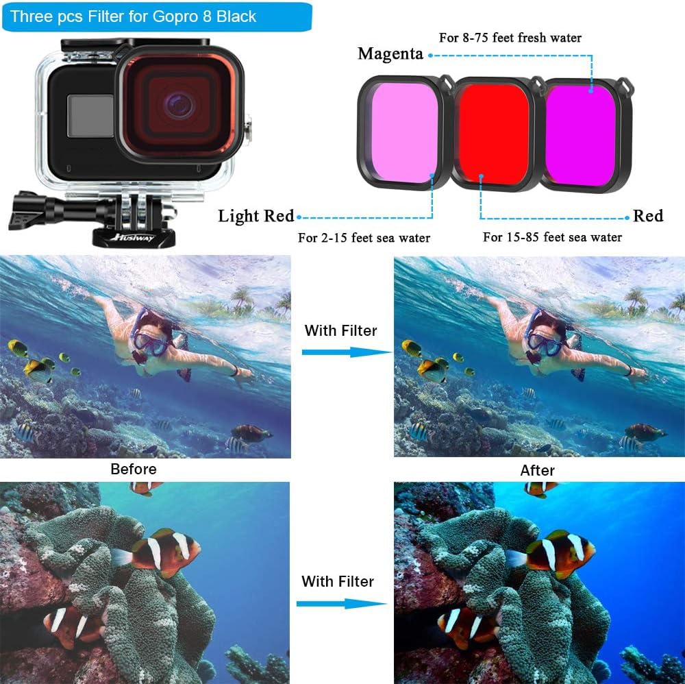 Husiway Action Camera Accessories Kit for Gopro Hero 8 Black Waterproof Housing Silicone Case Glass Screen Protector are Compatible with Gopro8 Hero8