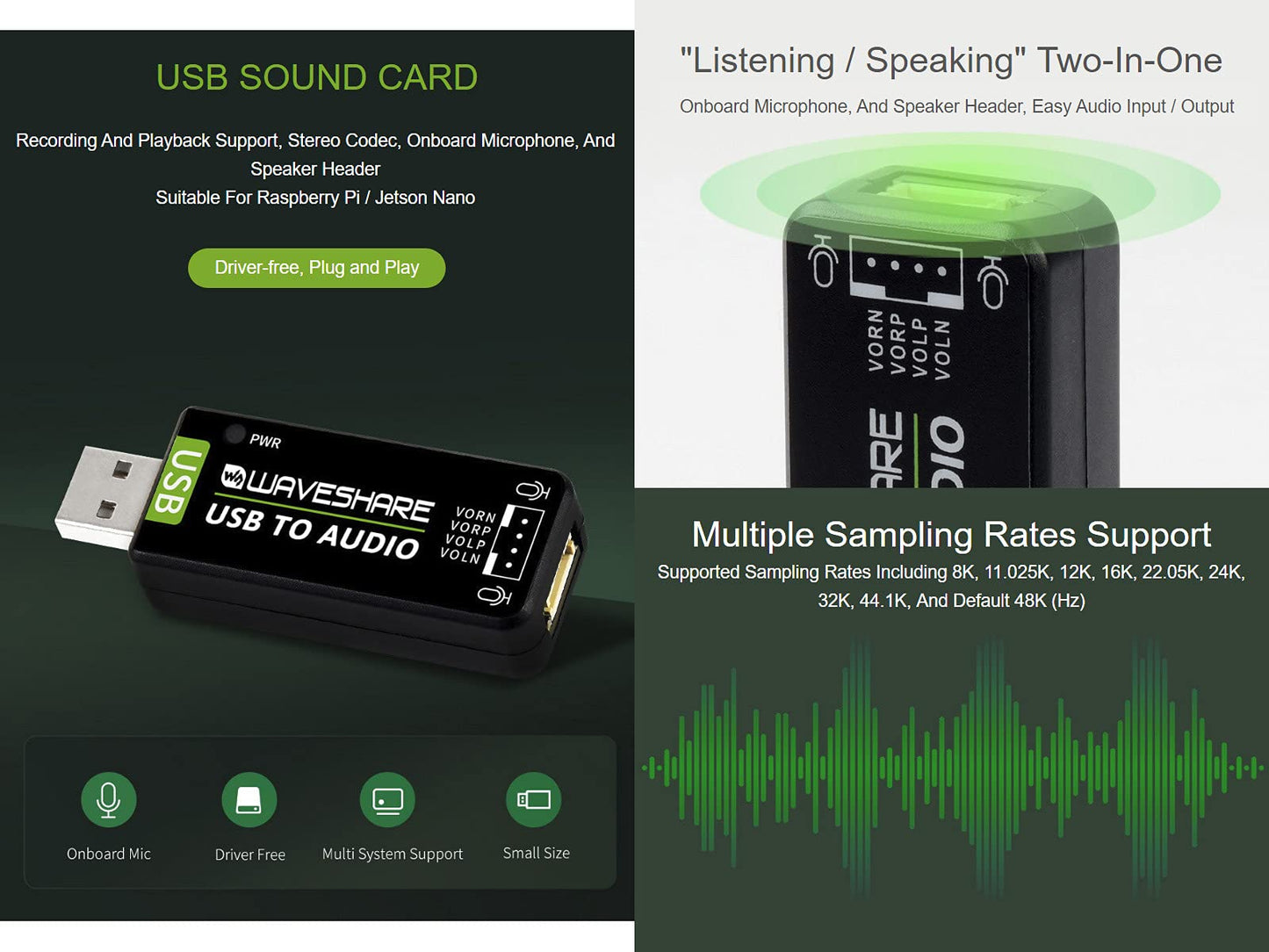 Waveshare USB Sound Card for Raspberry Pi/Jetson Nano USB Audio Module External Audio Converter Recording and Playback Support Stereo Codec Onboard