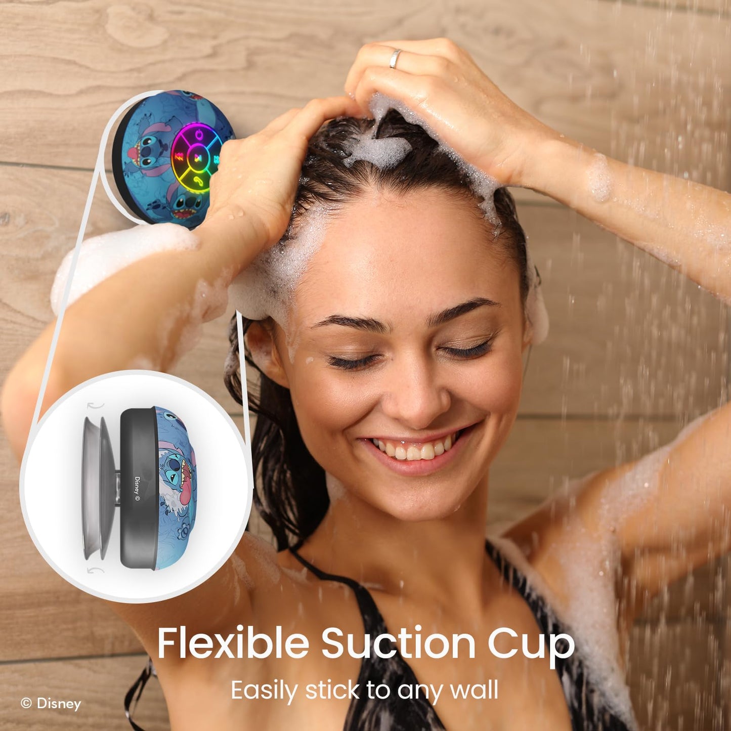 Disney Lilo and Stitch Bluetooth Shower Speaker w/Suction Cup - IPX4 Splash Proof Stitch Speaker for Shower, Baths| Up to 5 HRs Playtime, Built