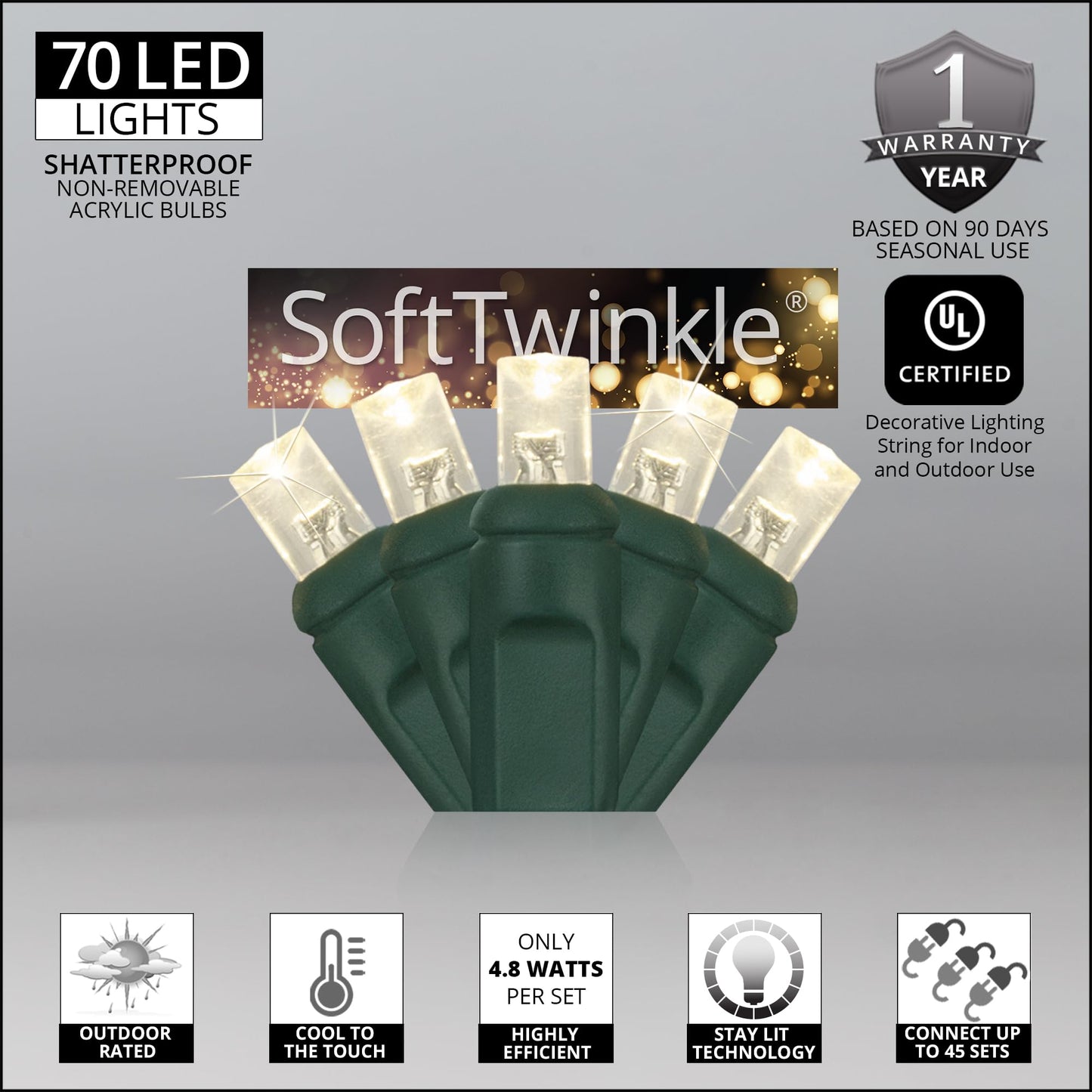 SoftTwinkle Slow Twinkling Christmas Lights, Soft Twinkle String Lights Pulsing Christmas Lights (70 Lights, 23.7 Ft, Warm White)