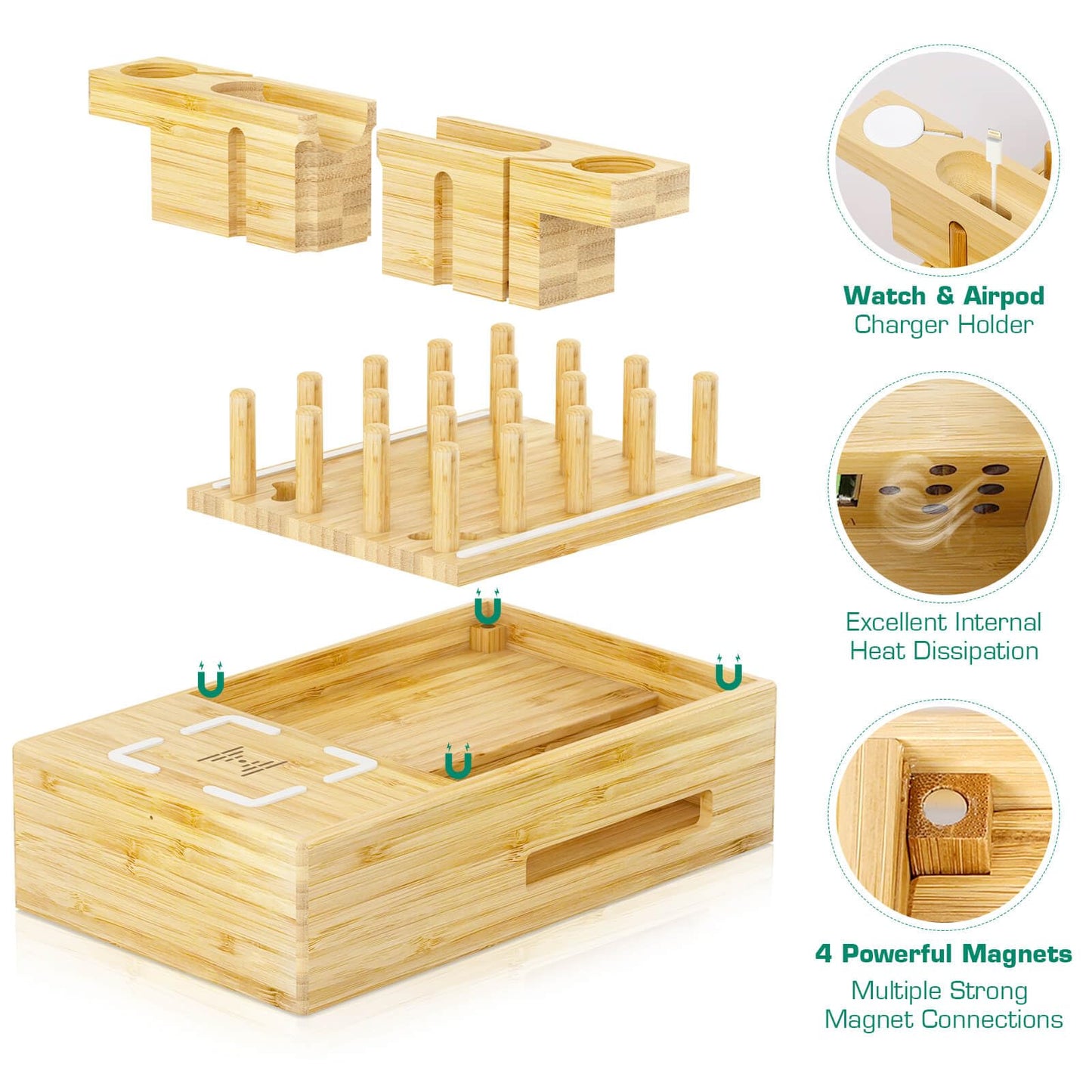 Darfoo Bamboo Phone Charging Station for Multiple Devices - Qi Certified Fast Wireless Charger & 7 USB Ports for All Phones, Tablets, Smart Watches