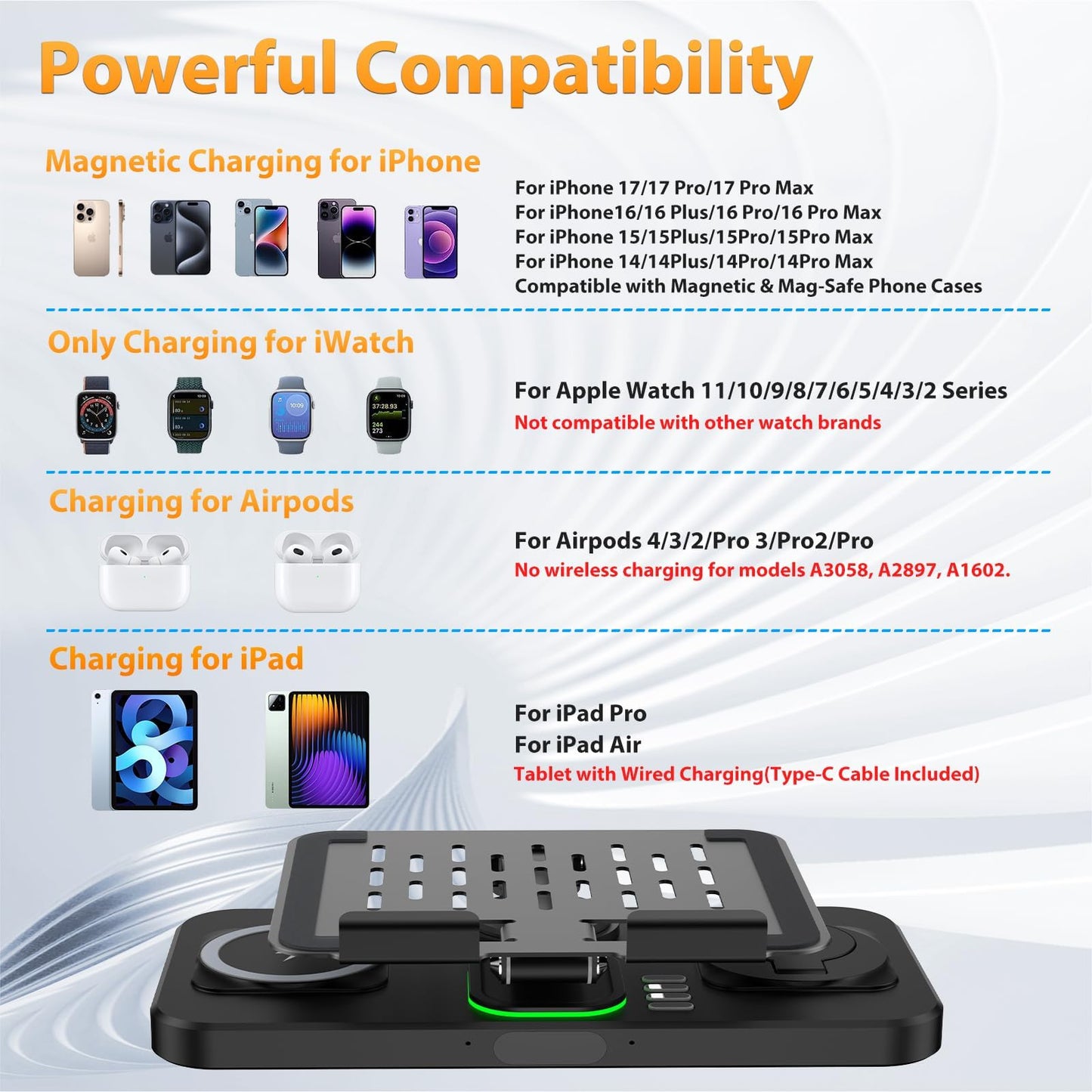 30W Charging Station for Apple Products, Foldable Wireless Charger with Clock Display&7 Color Light, Wired Charging for iPad/Tablet Charging Station