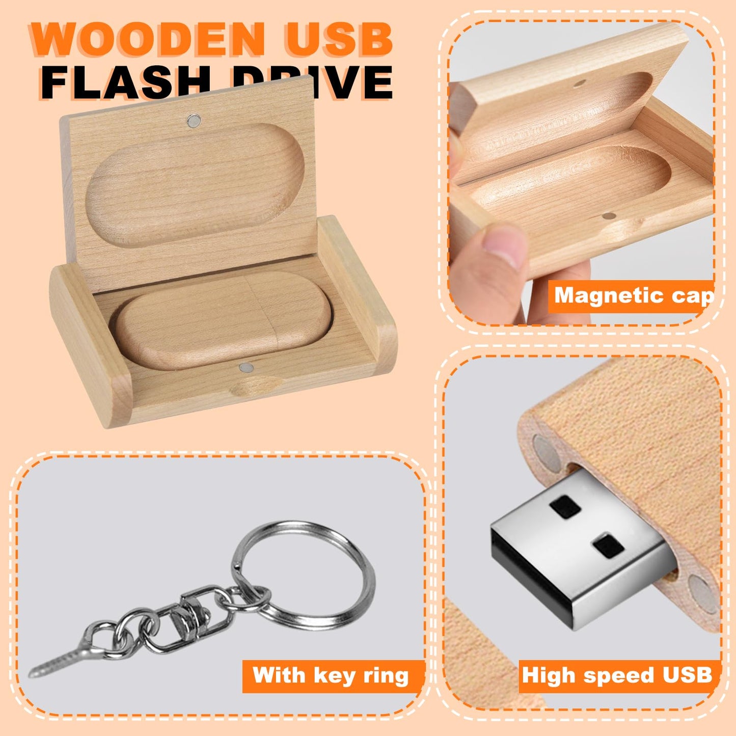 Novelty Wooden USB 2.0 Flash Drive 32GB Data Storage Memory Stick USB Stick Ellipse Pendrive with Wooden Box
