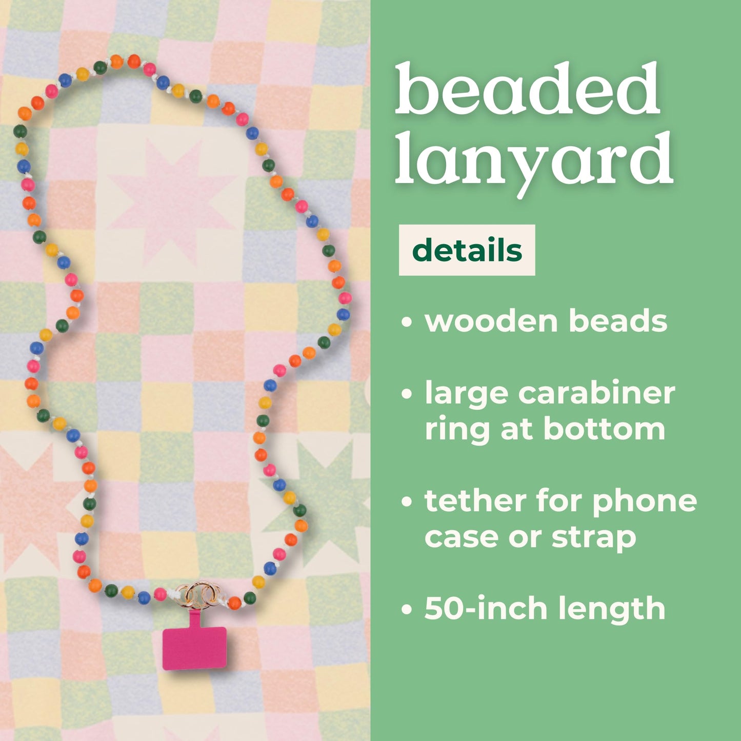ban.do Beaded Crossbody Phone Lanyard, Wooden Bead Lanyard with Carabiner, Rainbow Beads