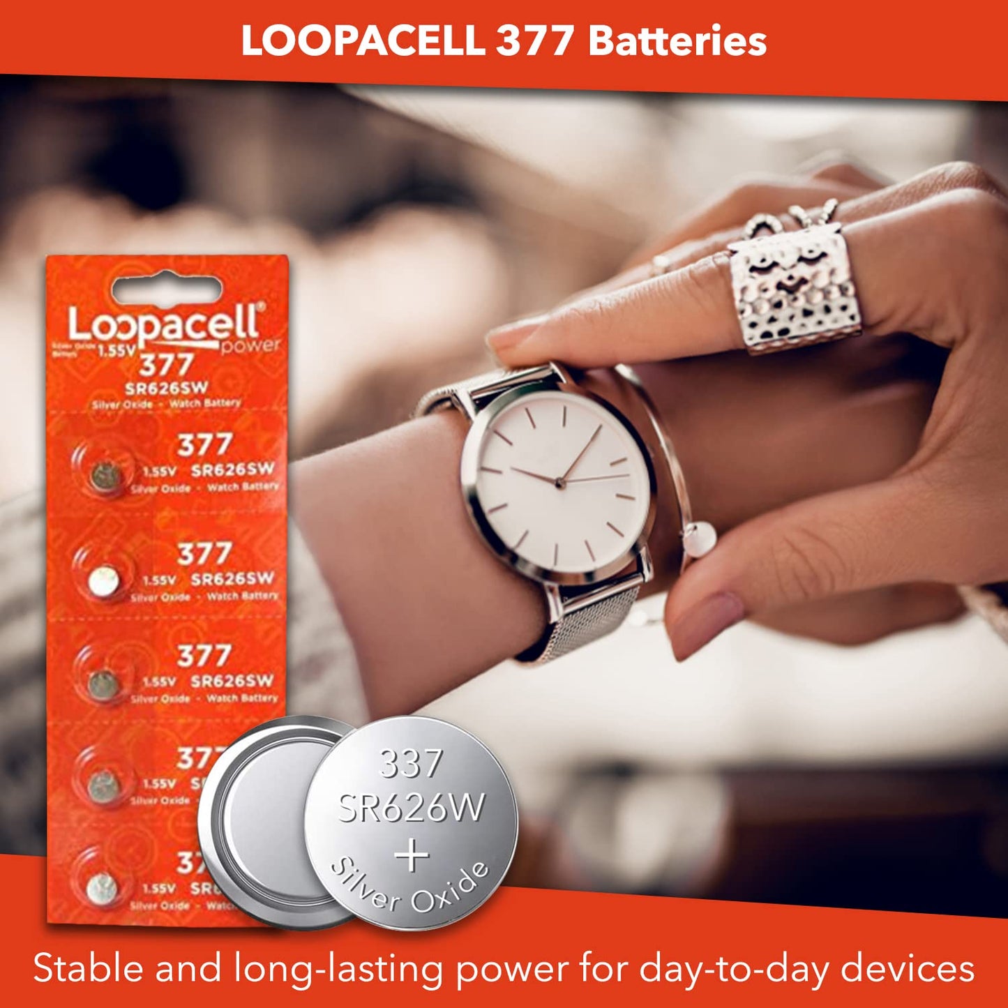 LOOPACELL 377/376 / SR626W / SR626SW / Silver Oxide Watch Batteries (Pack of 5) - 1.55V Long Lasting Coin Cell Battery for Watches, Toys…