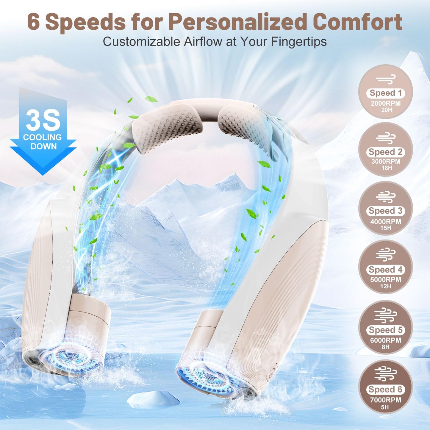 8000mAh Portable Neck Fan with 6 Powerful Speeds, 20H Runtime Cooling Fan