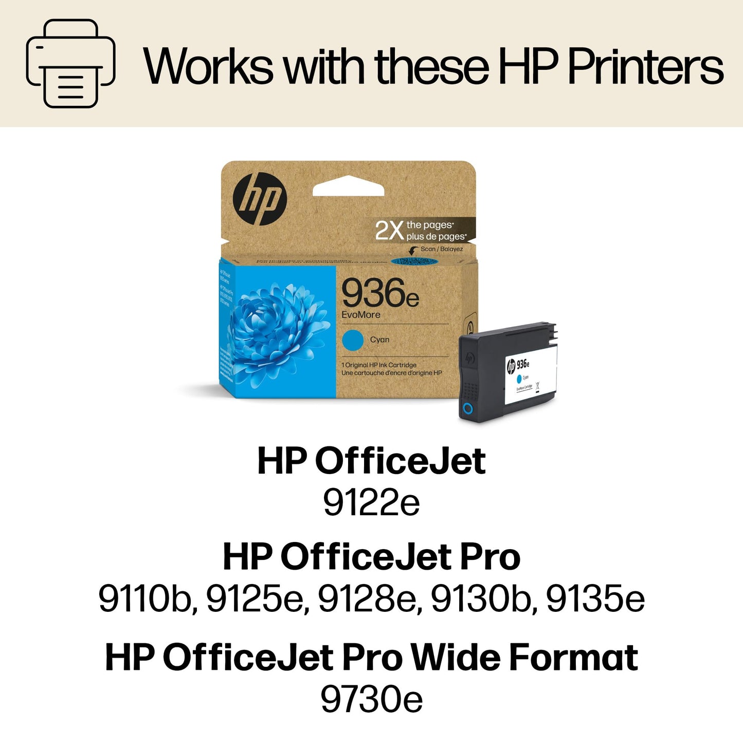 HP 936e Cyan EvoMore Ink Cartridge | Works with OfficeJet 9120, Pro 9100, Wide Format 9700 | Carbon Neutral | 4S6V3LN