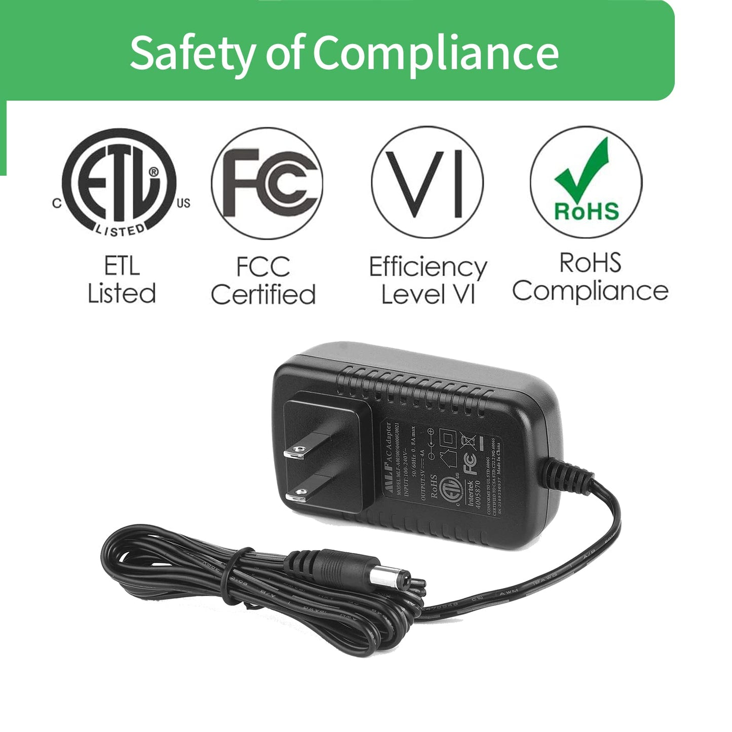 Security-01 AC to DC 5V 4A Power Supply Adapter, Plug 5.5mm x 2.1mm,UL Listed