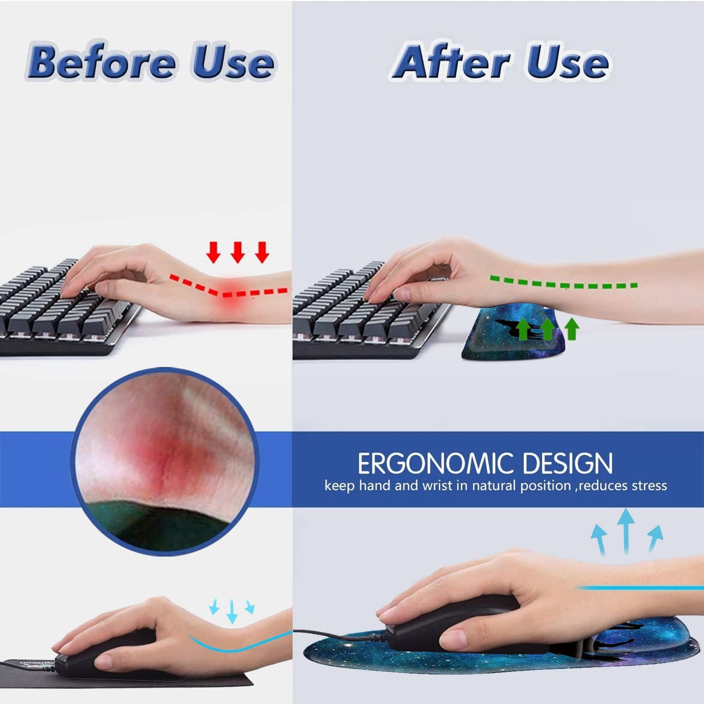 CUISHAN Ergonomic Gel Mouse Wrist Rest Pad and Keyboard Set, Anti-Slip PU Bottom Easy Typing Relieve Pain with Cute Coaster Set (3-Fantasy Wolf Moon