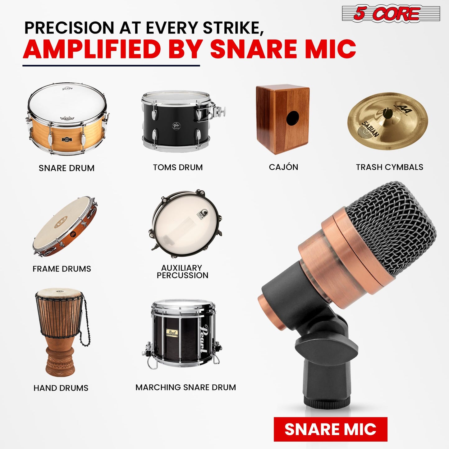 5 CORE Snare Microphone Copper Finish XLR Wired Cardioid Uni Directional Tom Kick Drum Mic w Swivel Mount Steel Mesh Grille Rim Mount Snare XP COPPERX