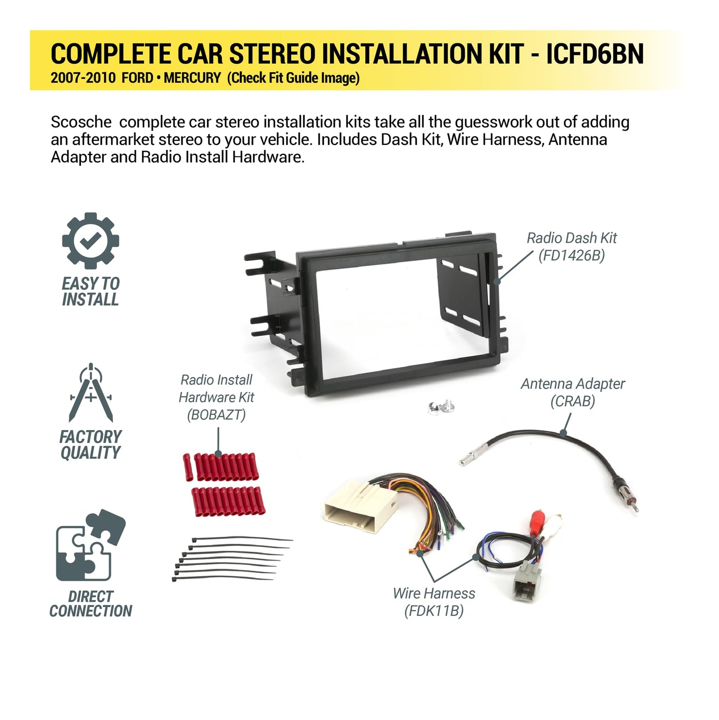Scosche ICFD6BN Double DIN Radio Installation Dash Kit Compatible with Select 2007-2010 Ford and Mercury Vehicles - Complete Basic Aftermarket Car