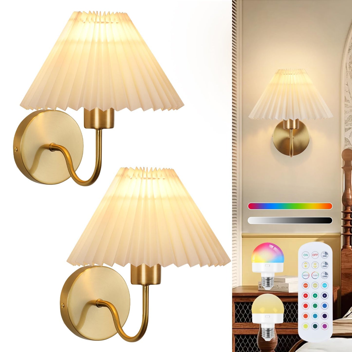 ADISUN Wall Sconces Sets of 2 RGB Battery Operated Wall Sconces for Bedroom Dresser Classic Golden Wall Lamp with Remote for Living Room Bathroom