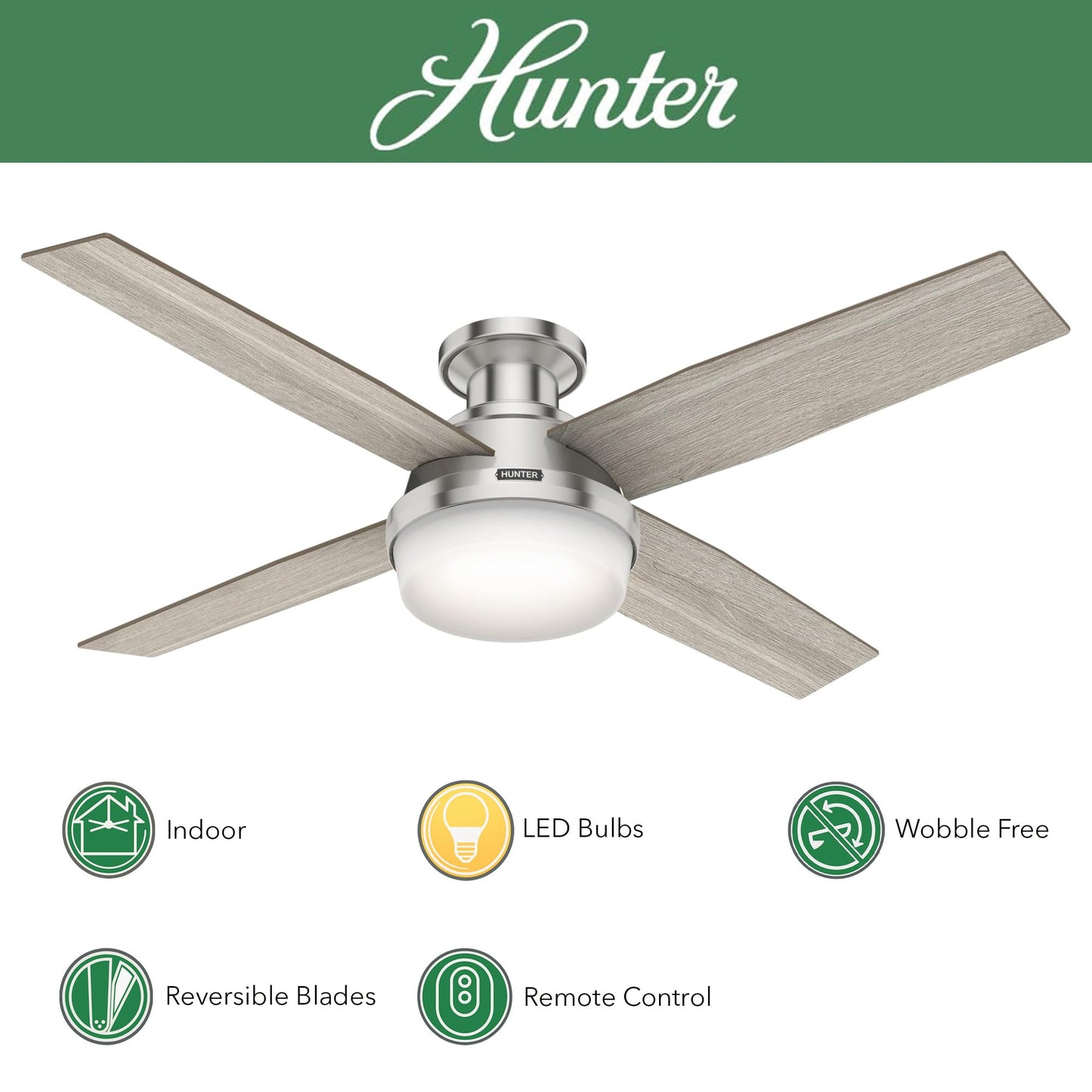 Hunter Fan 52 inch Indoor Ceiling Fan with LED Light, Brushed Nickel Ceiling Fan with Remote for Bedroom, Office or Living Room, 4 Blades (Renewed)