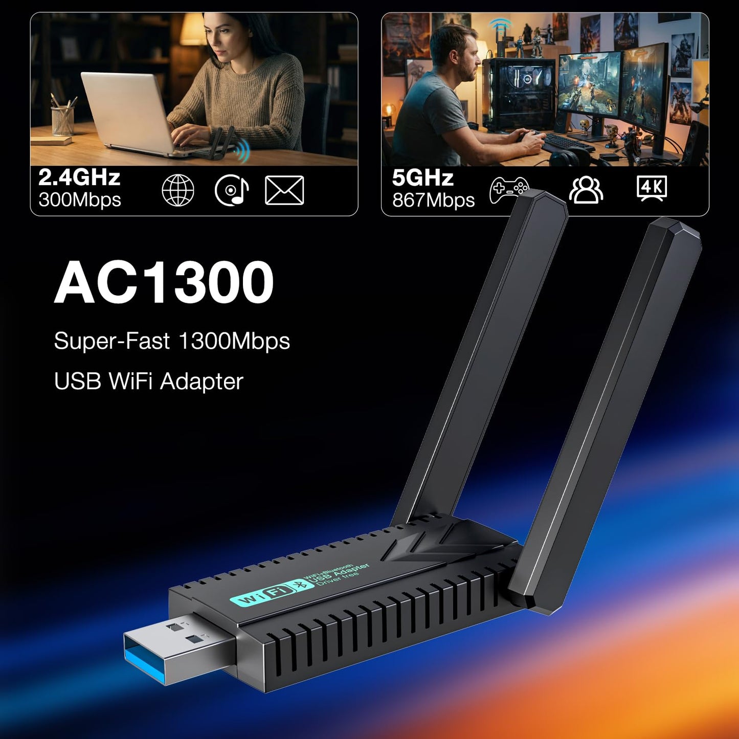 WiFi Adapter for Desktop PC, AC1300Mbps Dual Band 5GHz/2.4GHz Wireless Network Adapter for PC, USB 3.0 WiFi 6 Dongle with High Gain Antenna