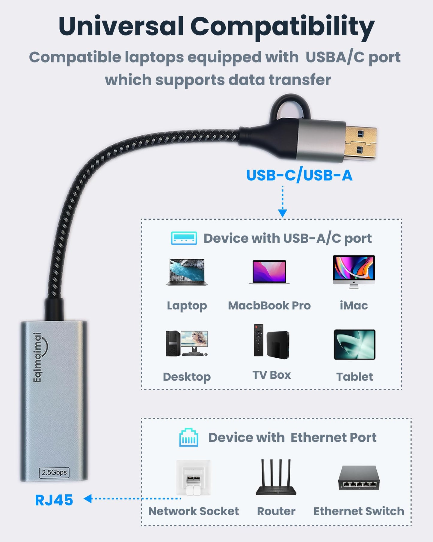 eqimaimai 2.5G USB Ethernet Adapter 2-in-1, Aluminum Fast USB-C&USB-A to RJ45 Network Adapter Compatible with Laptop/PC, Windows, Mac, Linux,Plug