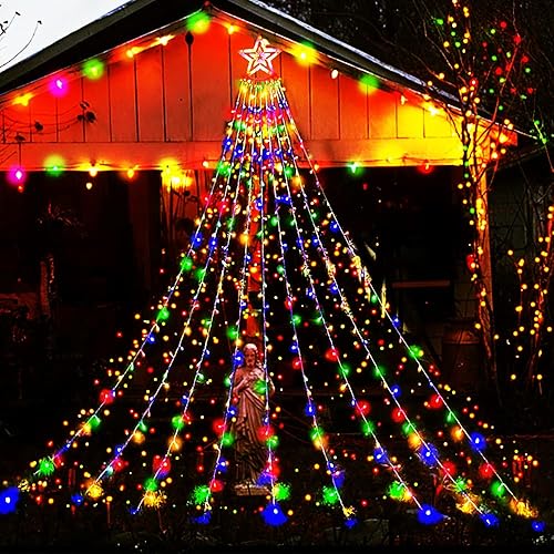 Aokudoni Outdoor Christmas Decorations: 12.6ft 350LED Waterfall Lights 8 Modes Christmas Lights, Xmas Tree House Yard Porch Patio Garden Decor