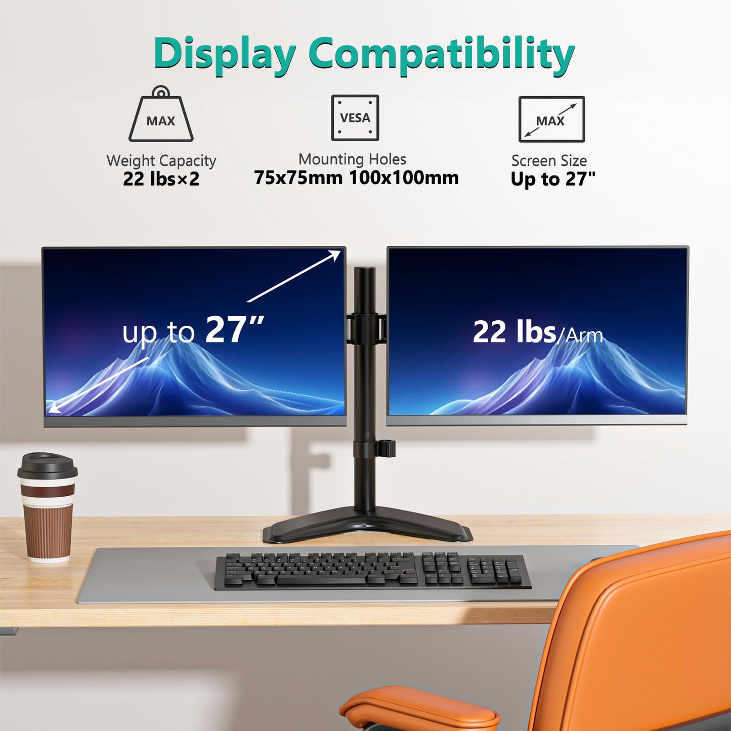 WALI Dual Monitor Stand for Desk, Monitor Stands for 2 Monitors up to 27 inch, Dual Monitors Mount Fits up to 22lbs, Free Standing Full Motion Dual