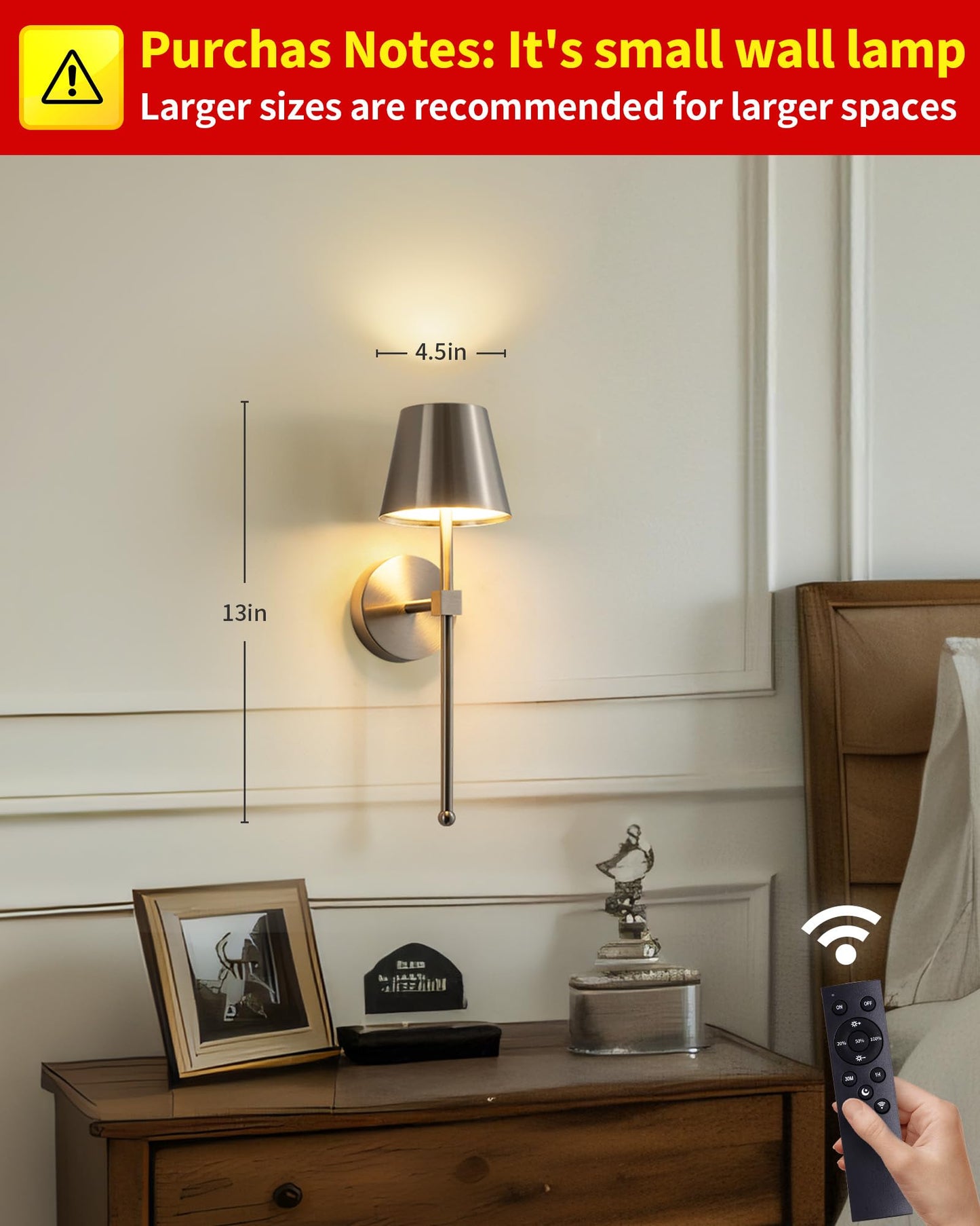 KDG Wireless Wall Sconces Set of 2, Small Cordless 5200mAh Rechargeable Battery LED Wall Lamps, Stepless Dimming Lightings for Wall Painting, Living