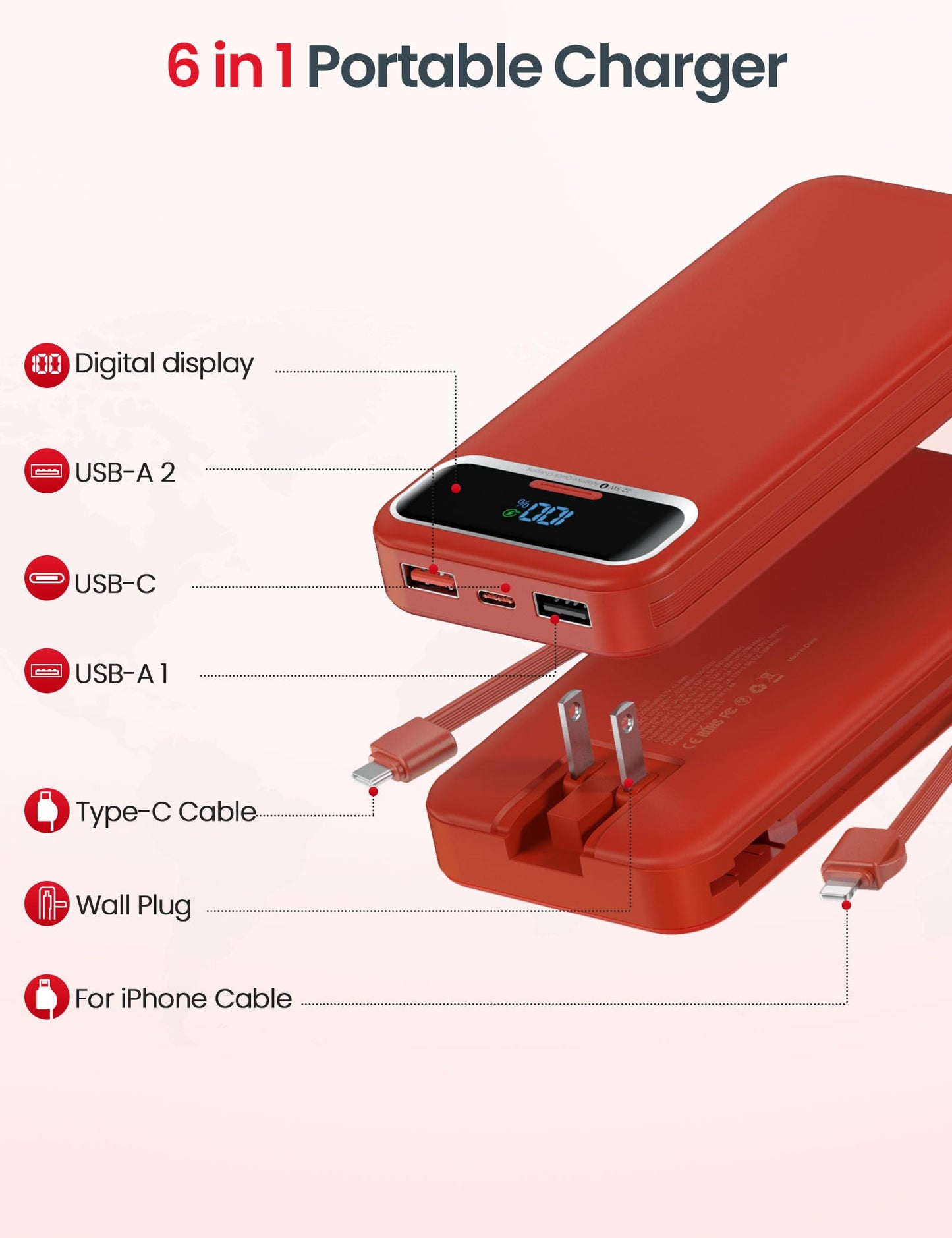aonidi Portable Charger 12000mAh with Built-in Cables&AC Wall Plug, Red