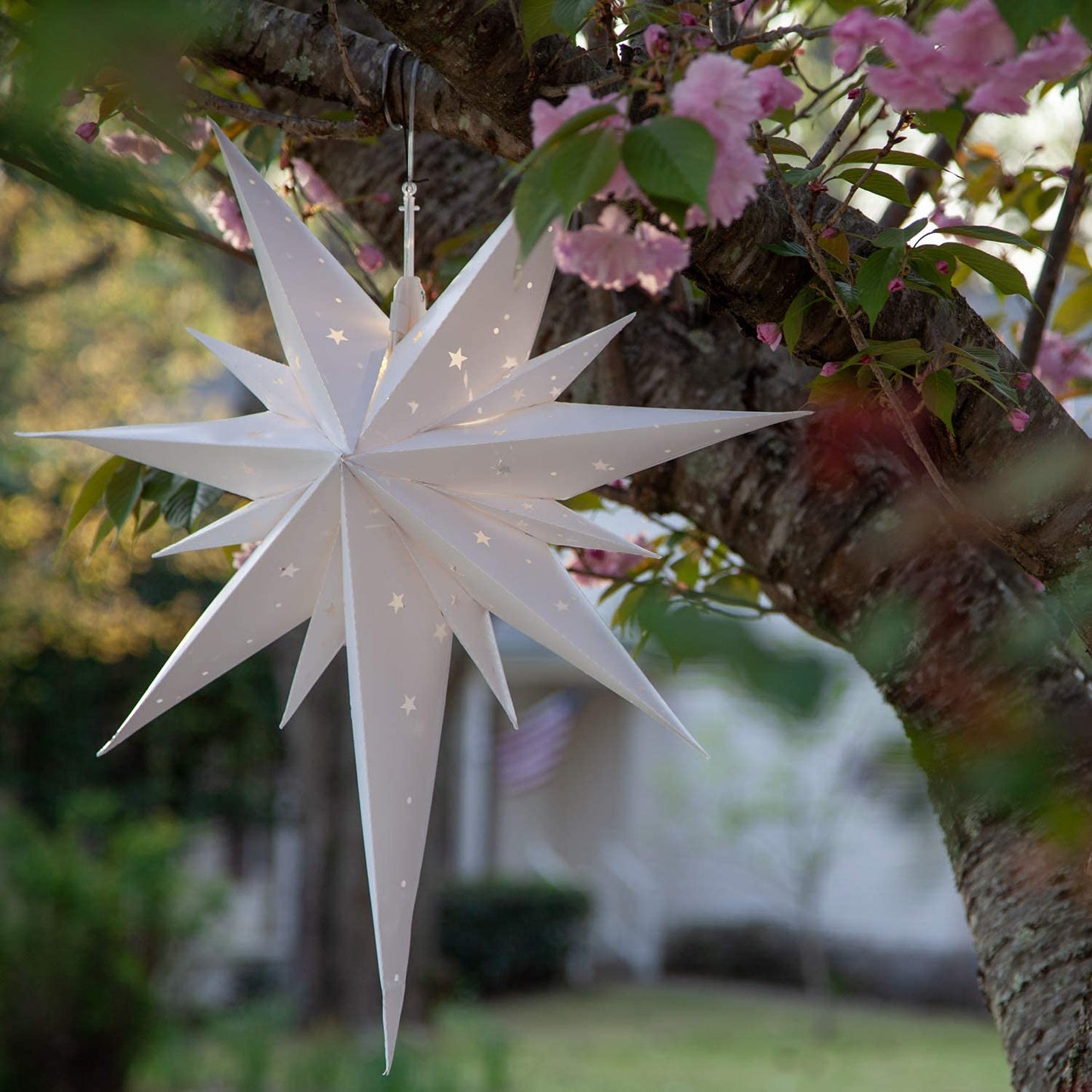 Wintergreen Lighting 26" White Bethlehem Star Fold-Flat Christmas Star Lights Reusable LED Plug-in or Battery Indoor-Outdoor 3D Hanging Decoration
