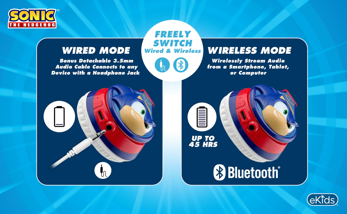 Sonic The Hedgehog Bluetooth Headphones for Kids, Wireless Headphones with Microphone, Includes Aux Cord (Sonic)